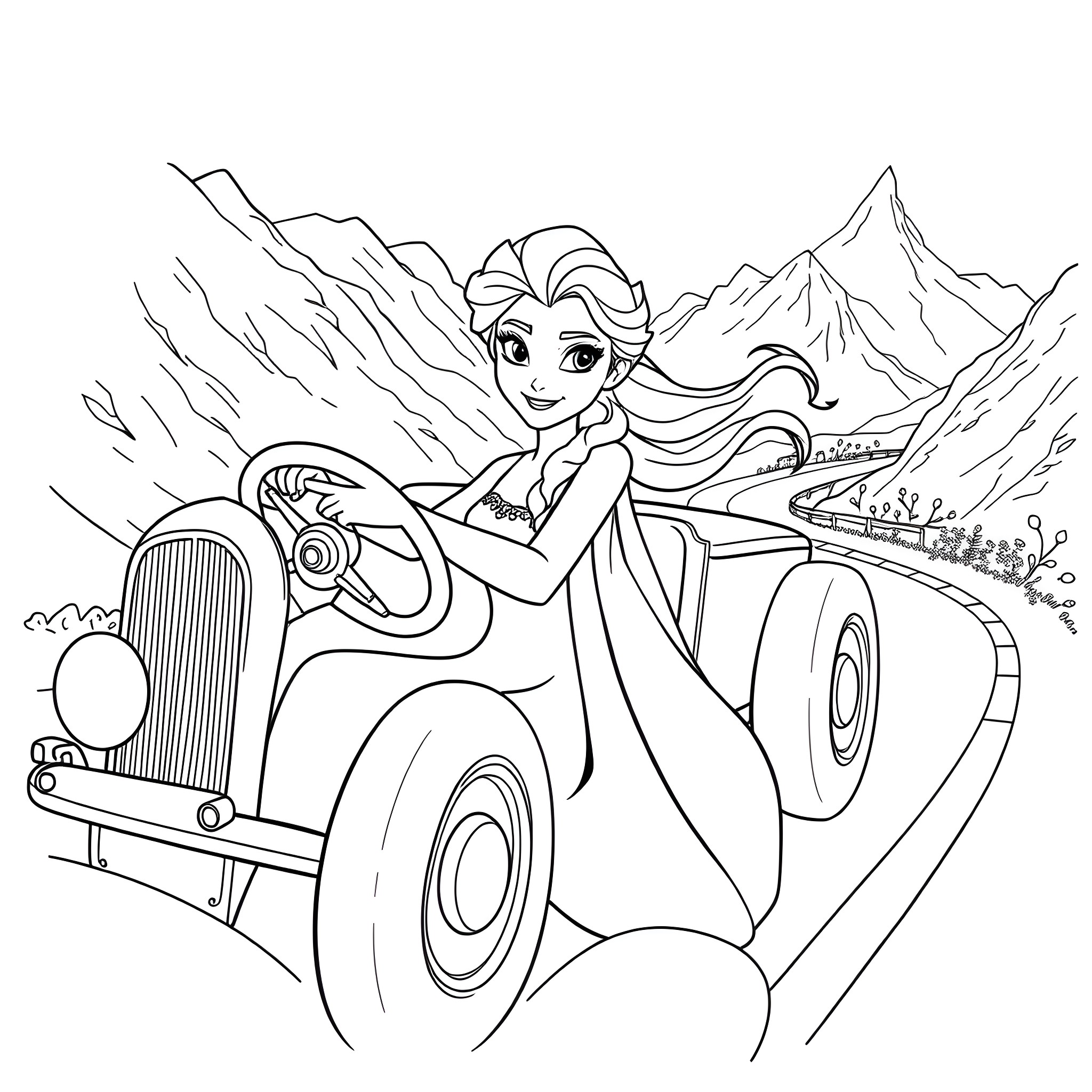 Elsa's Alpine Adventure in a Vintage Car Coloring Page (free black-and-white line drawing printable PDF for all, from beginners to advanced learners, including children, teens, adults, and seniors)