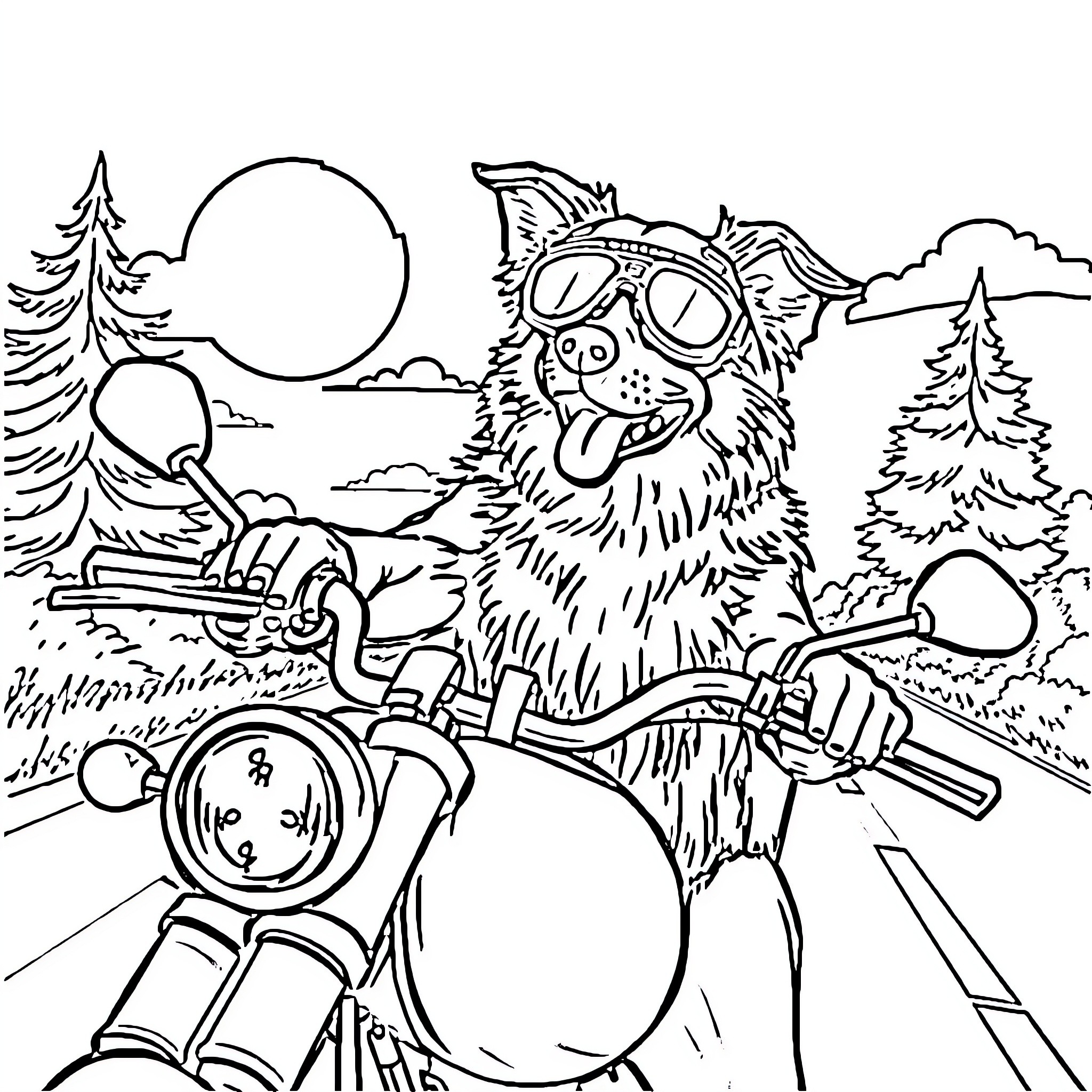 Australian Shepherd riding motorcycle through scenic landscape Coloring Page (free black-and-white line drawing printable PDF for all, from beginners to advanced learners, including children, teens, adults, and seniors)