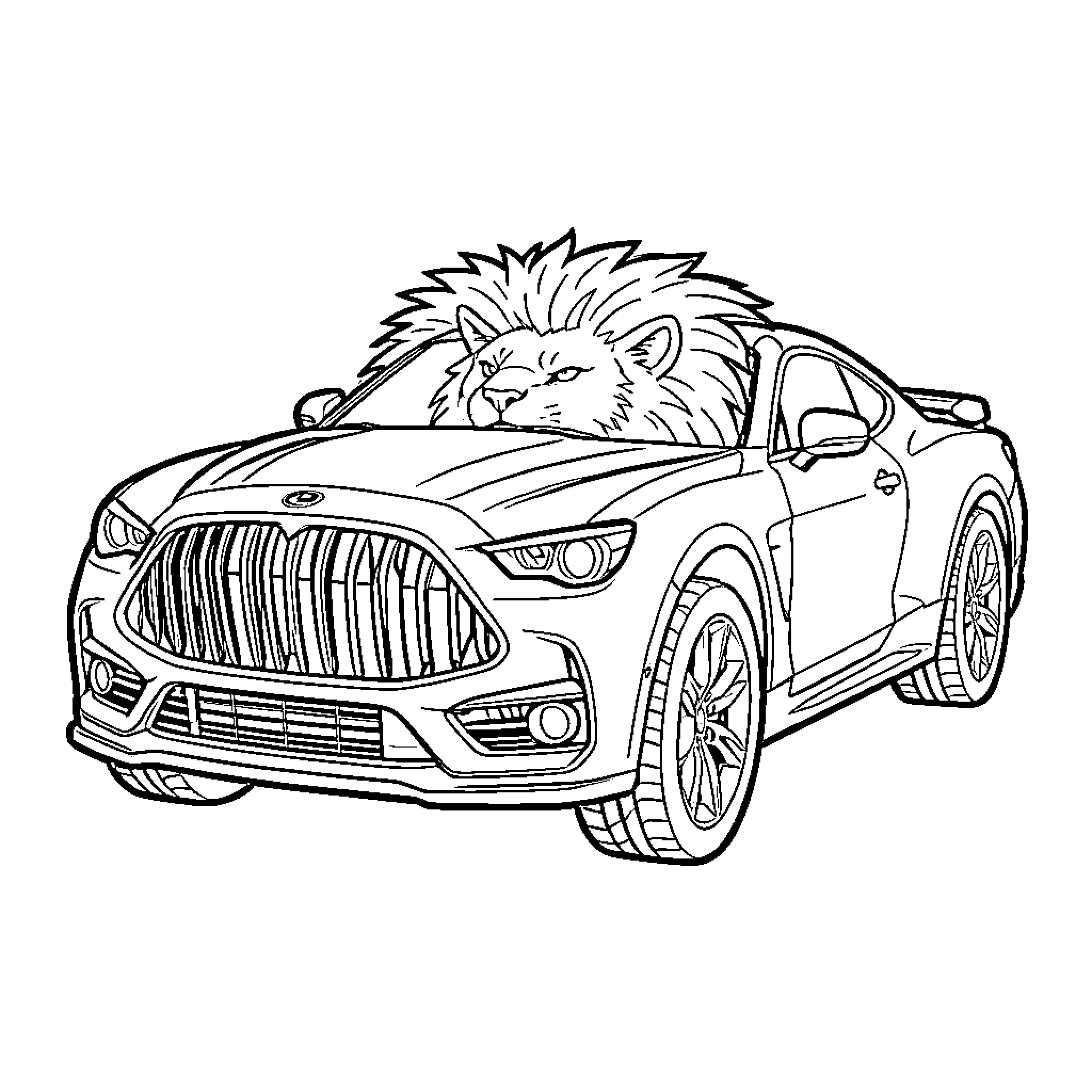Lion Car Driving Fiercely on the Road Coloring Page (free black-and-white line drawing printable PDF for all, from beginners to advanced learners, including children, teens, adults, and seniors)