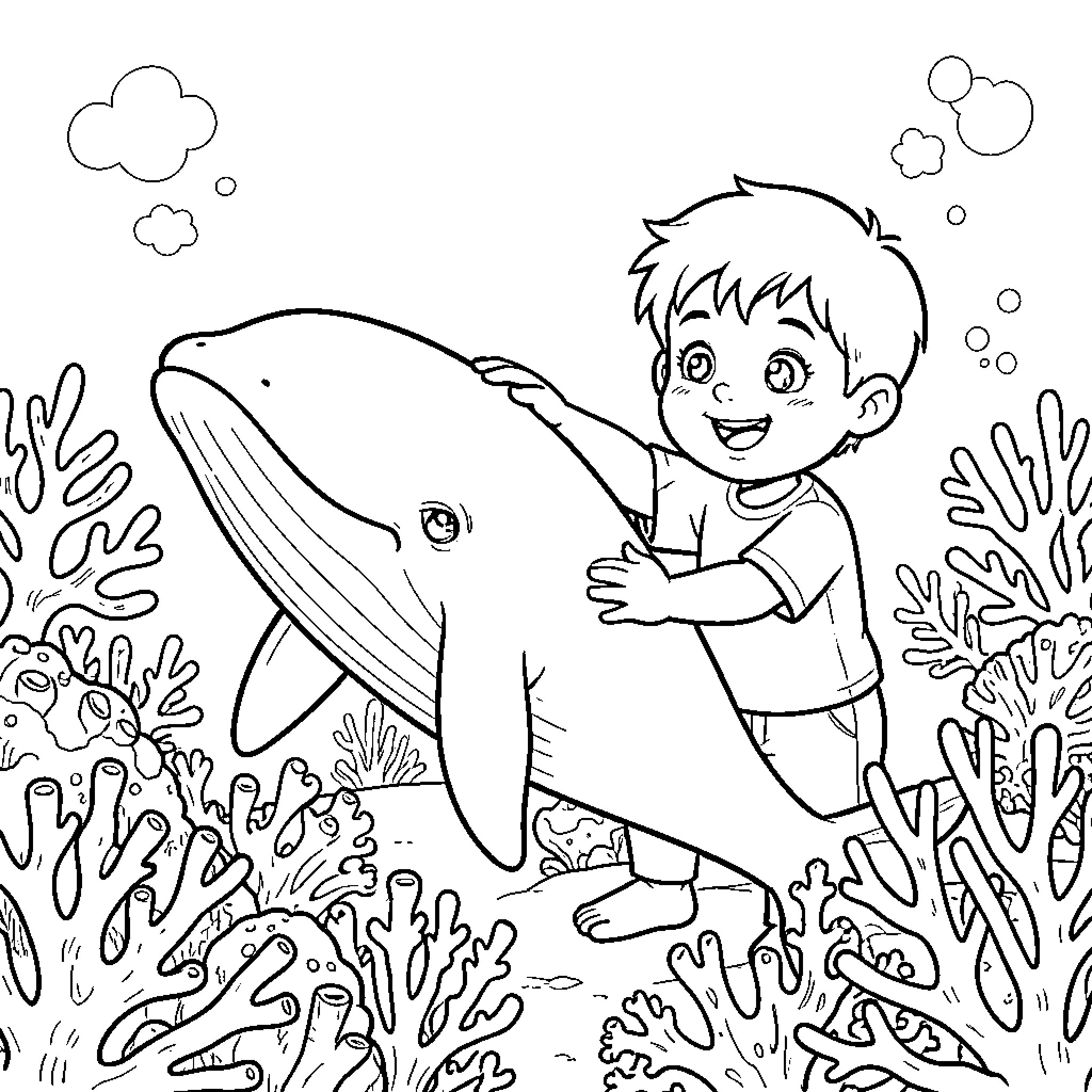 Ballena playing with a young boy in the ocean Coloring Page (free black-and-white line drawing printable PDF for all, from beginners to advanced learners, including children, teens, adults, and seniors)