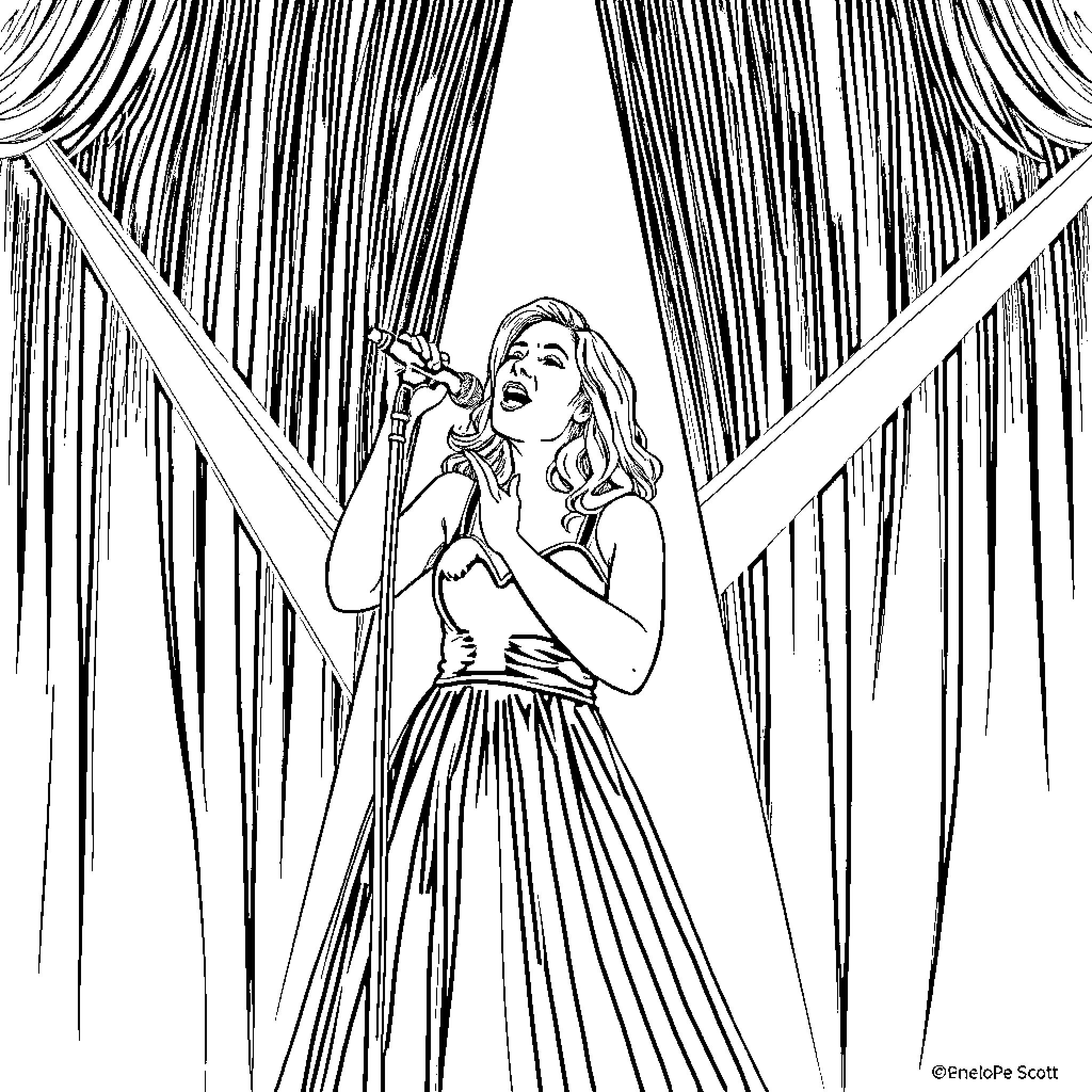 Penelope Scott singing on stage with dramatic curtains Coloring Page (free black-and-white line drawing printable PDF for all, from beginners to advanced learners, including children, teens, adults, and seniors)