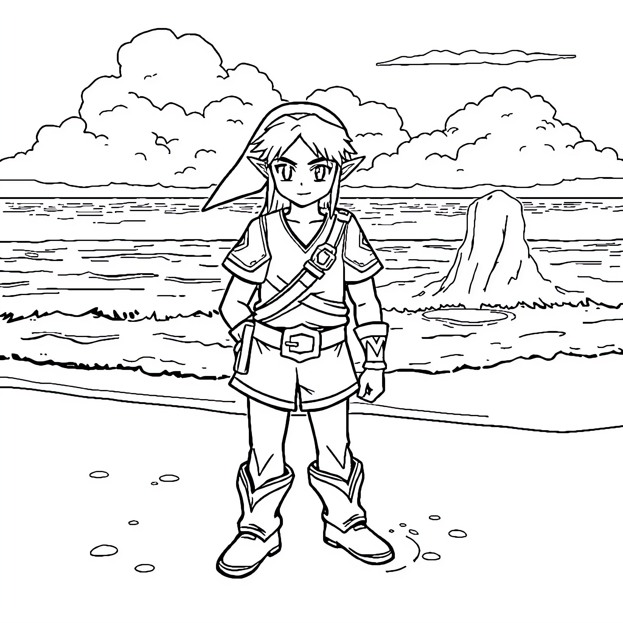 Link exploring a scenic beach landscape Coloring Page (free black-and-white line drawing printable PDF for all, from beginners to advanced learners, including children, teens, adults, and seniors)