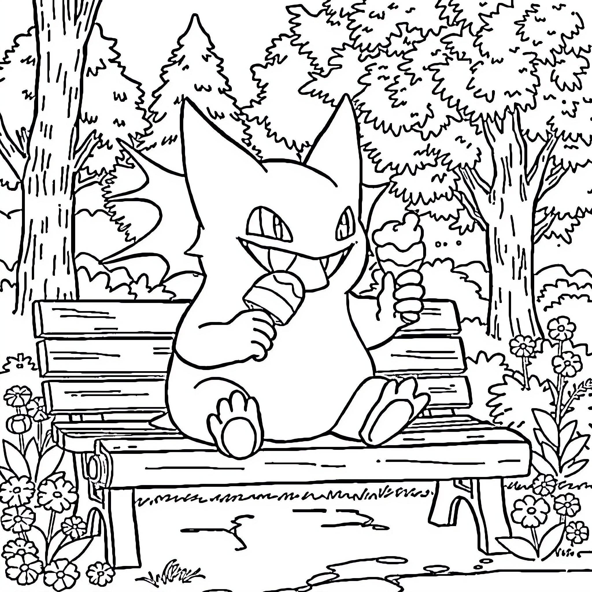 Gengar enjoying a peaceful moment in the forest Coloring Page (free black-and-white line drawing printable PDF for all, from beginners to advanced learners, including children, teens, adults, and seniors)