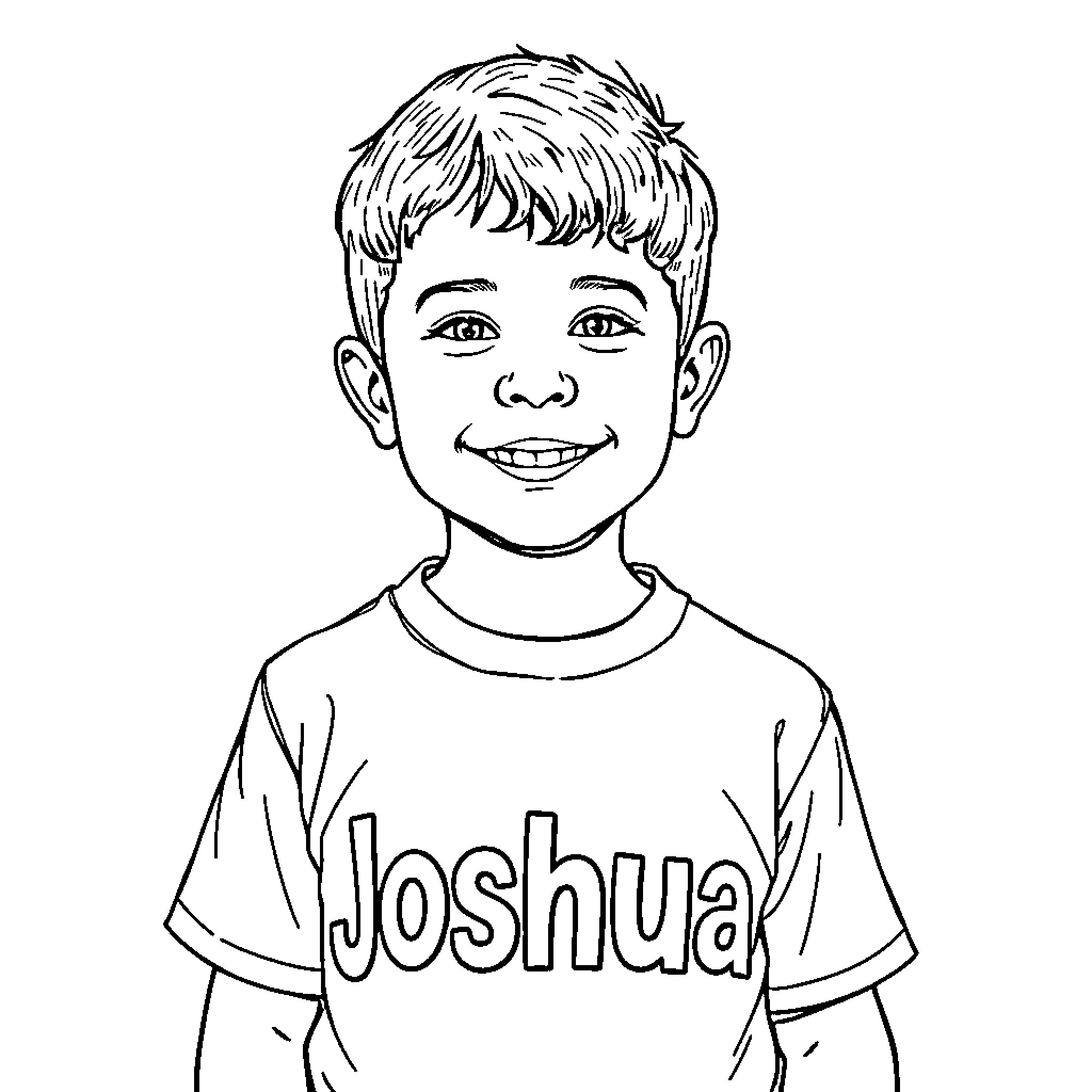 Joshua Smiling Joyfully in His T-shirt Coloring Page (free black-and-white line drawing printable PDF for all, from beginners to advanced learners, including children, teens, adults, and seniors)