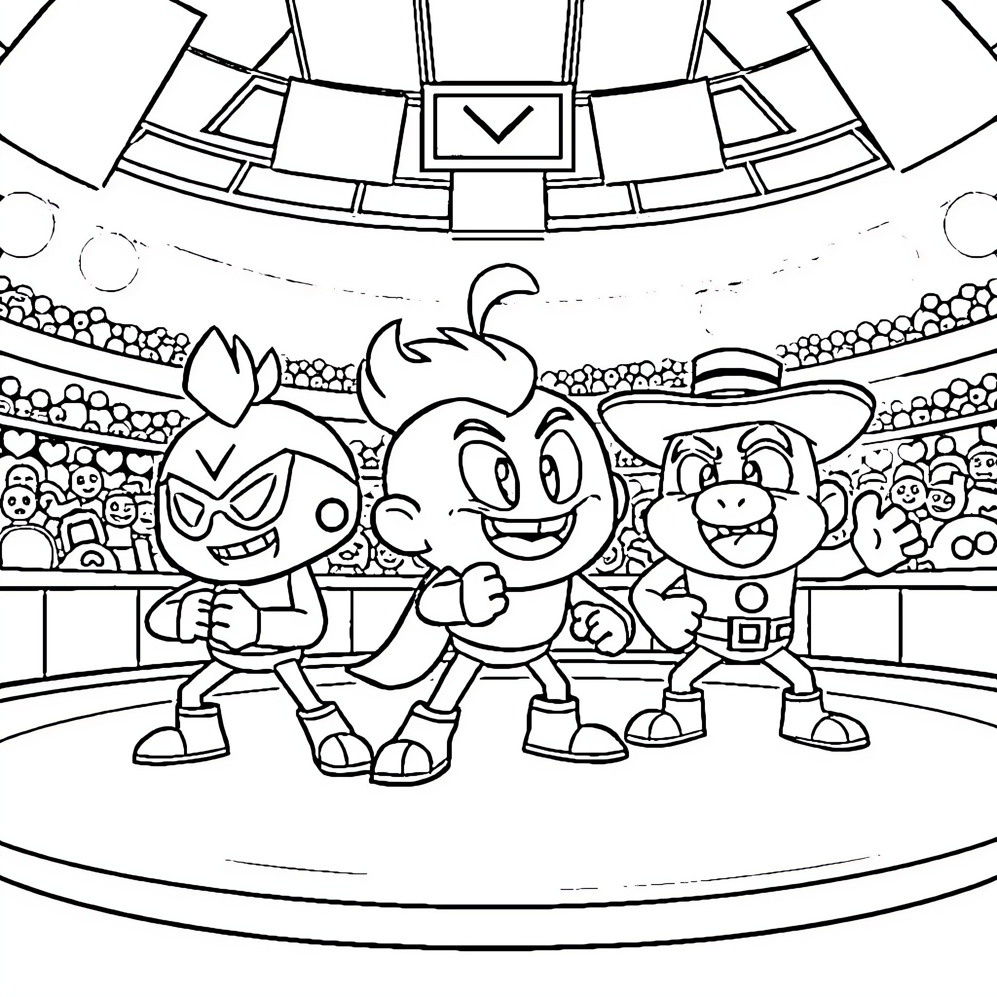 Brawl Stars Characters in Action Arena Coloring Page (free black-and-white line drawing printable PDF for all, from beginners to advanced learners, including children, teens, adults, and seniors)