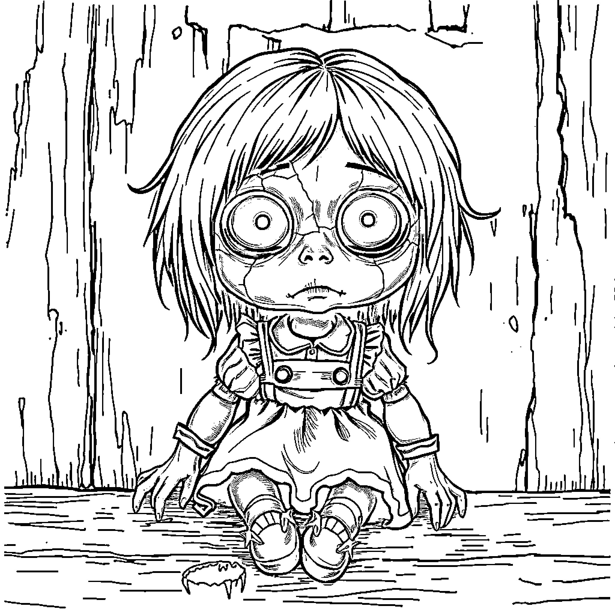 Doll with big eyes and unusual expression Coloring Page (free black-and-white line drawing printable PDF for all, from beginners to advanced learners, including children, teens, adults, and seniors)