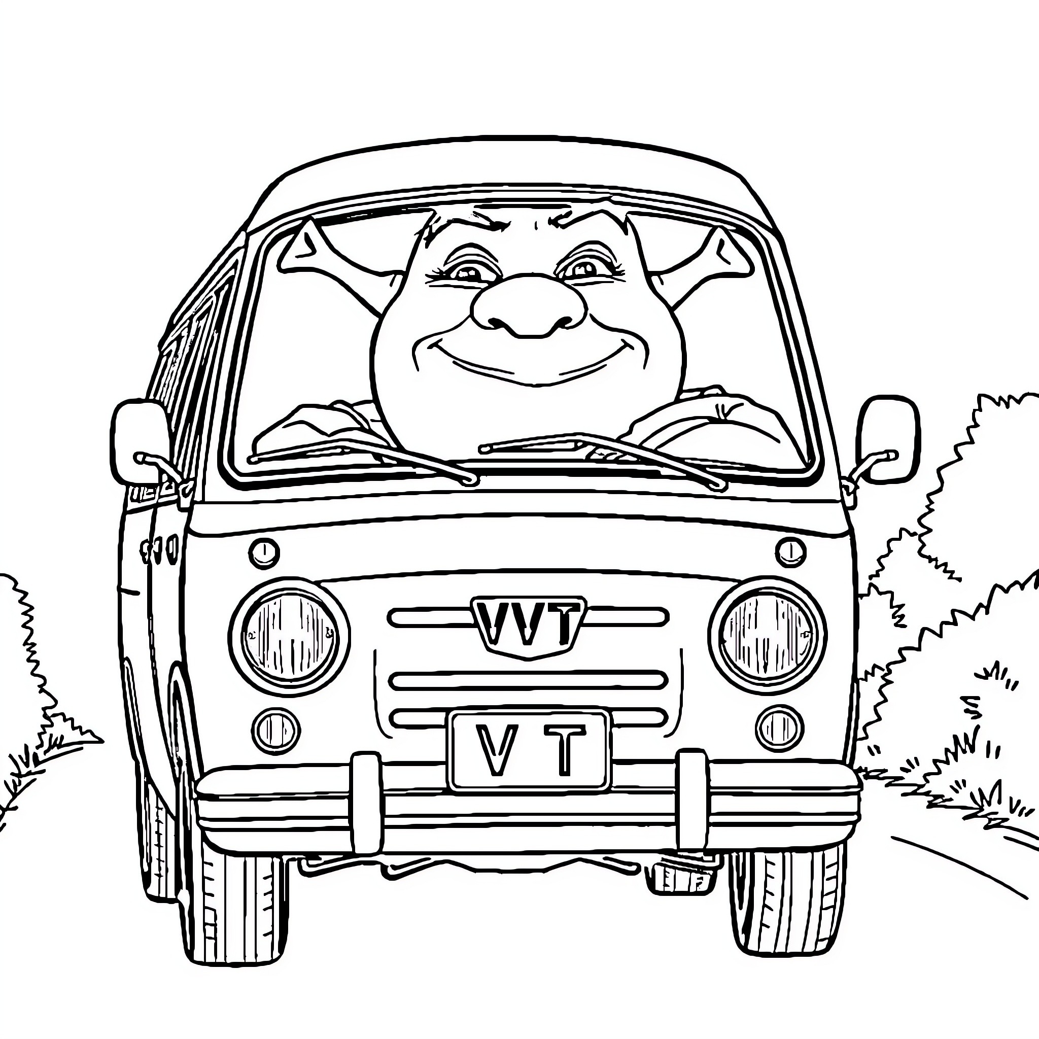 Shrek driving a funny cartoon vehicle Coloring Page (free black-and-white line drawing printable PDF for all, from beginners to advanced learners, including children, teens, adults, and seniors)