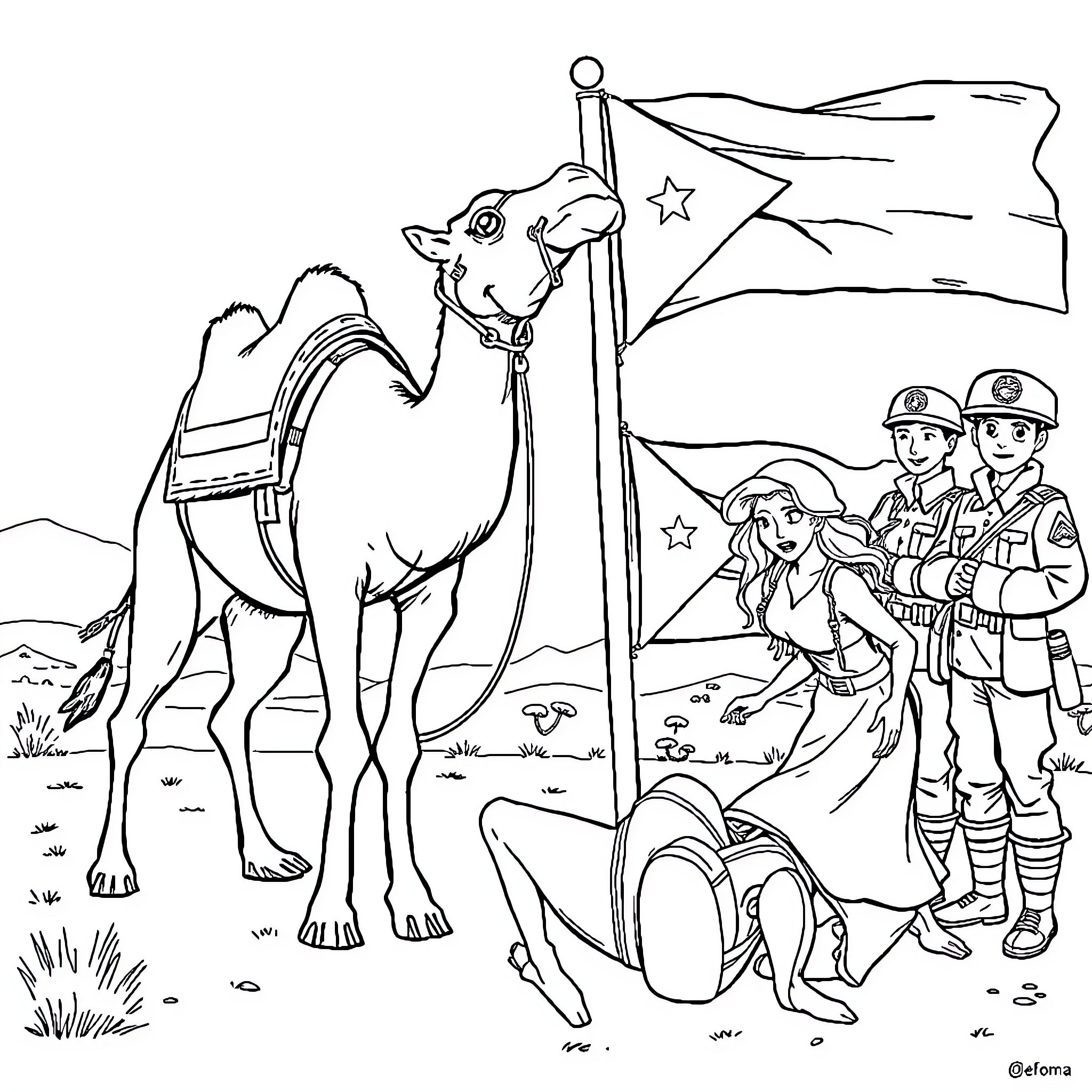 Camel and Soldiers in Desert Landscape Coloring Page (free black-and-white line drawing printable PDF for all, from beginners to advanced learners, including children, teens, adults, and seniors)