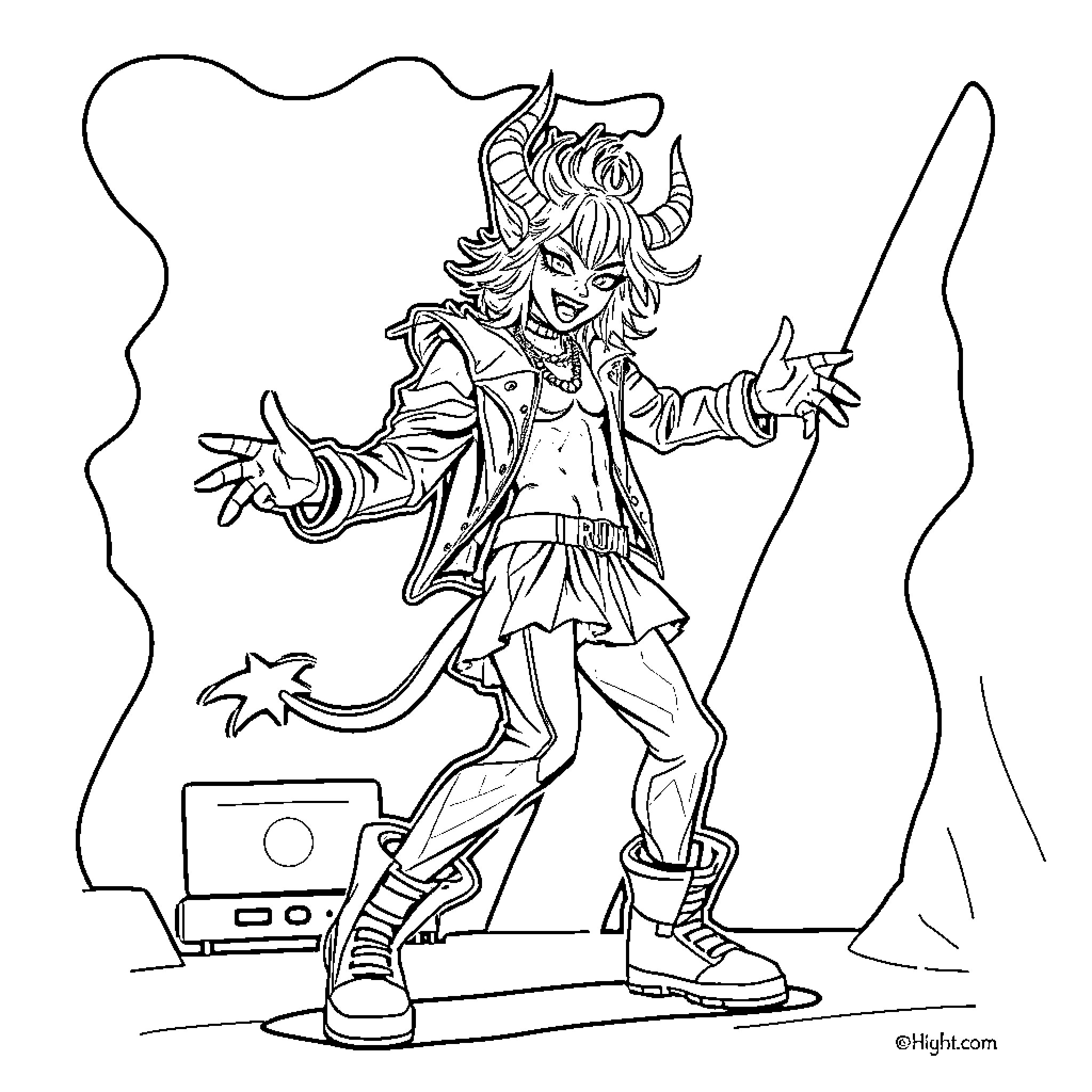 Demon-like Anime Character in Eclectic Outfit Coloring Page (free black-and-white line drawing printable PDF for all, from beginners to advanced learners, including children, teens, adults, and seniors)