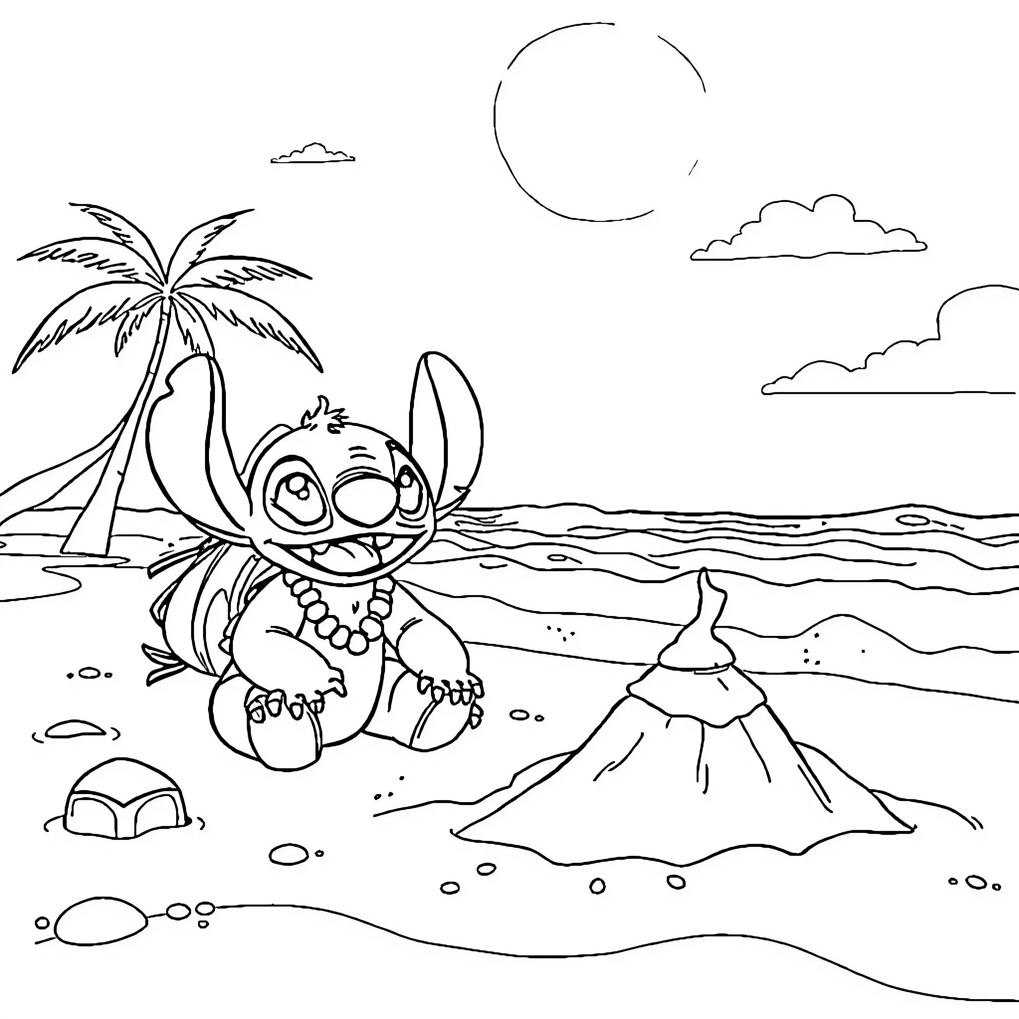 Lilo playing cheerfully on the beach Coloring Page (free black-and-white line drawing printable PDF for all, from beginners to advanced learners, including children, teens, adults, and seniors)
