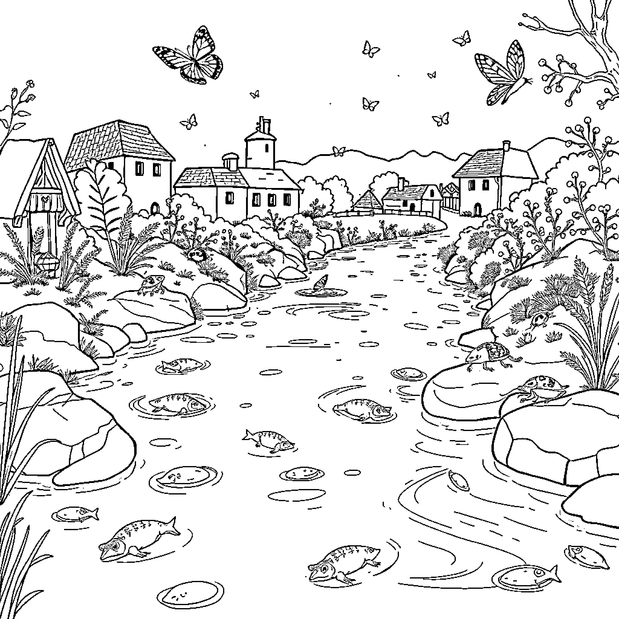 River flowing through a charming village landscape Coloring Page (free black-and-white line drawing printable PDF for all, from beginners to advanced learners, including children, teens, adults, and seniors)