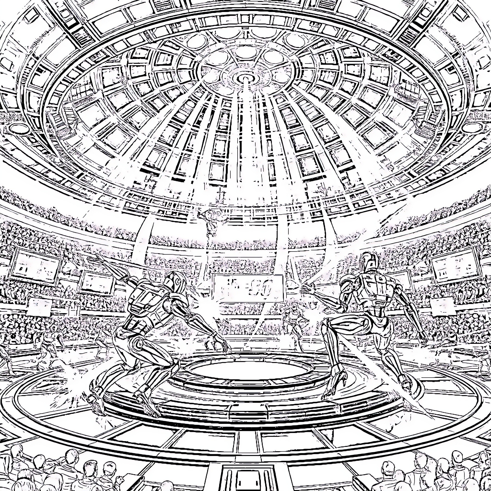 Robot fighters competing in futuristic stadium arena Coloring Page (free black-and-white line drawing printable PDF for all, from beginners to advanced learners, including children, teens, adults, and seniors)