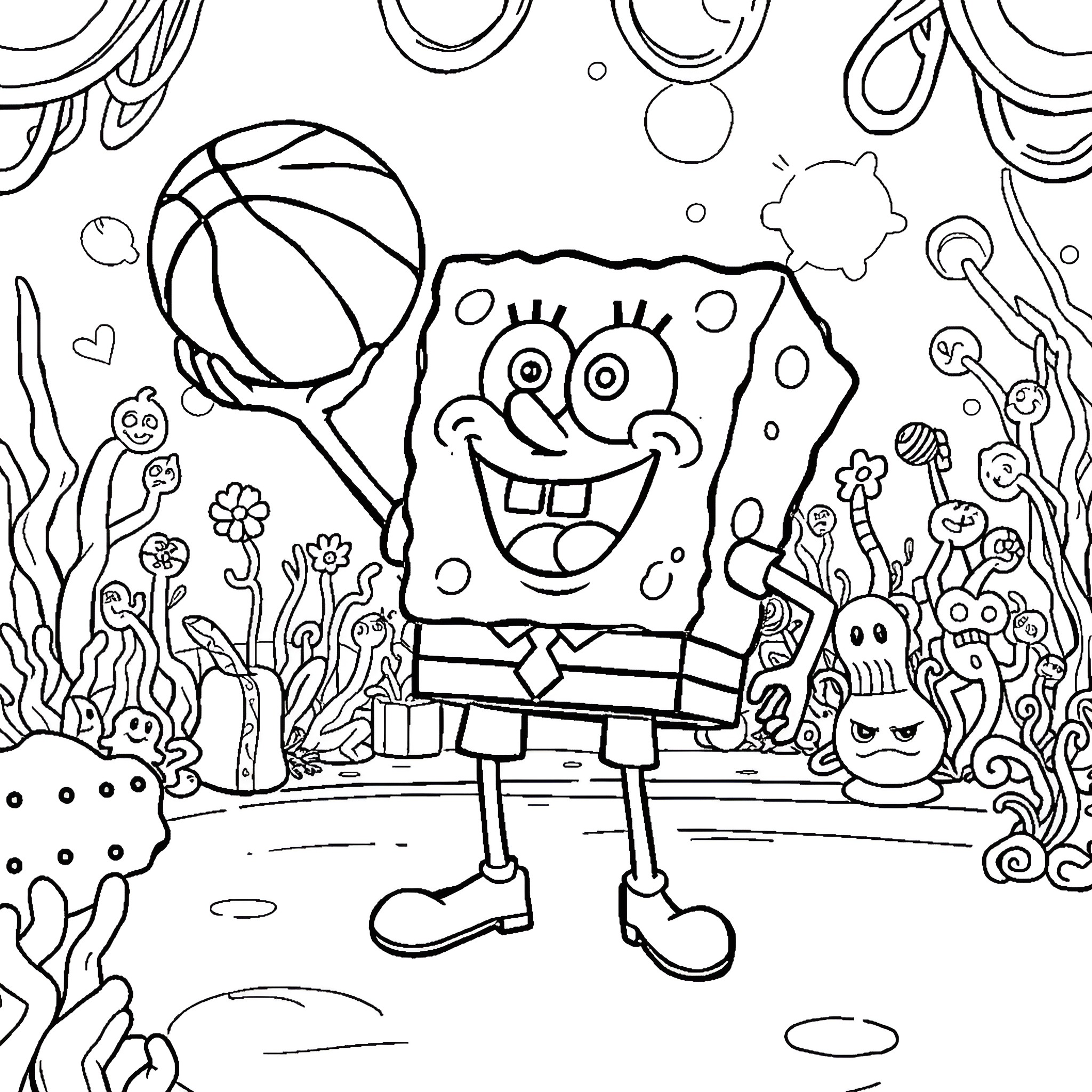 Spongebob playing with a basketball in a whimsical underwater scene Coloring Page (free black-and-white line drawing printable PDF for all, from beginners to advanced learners, including children, teens, adults, and seniors)
