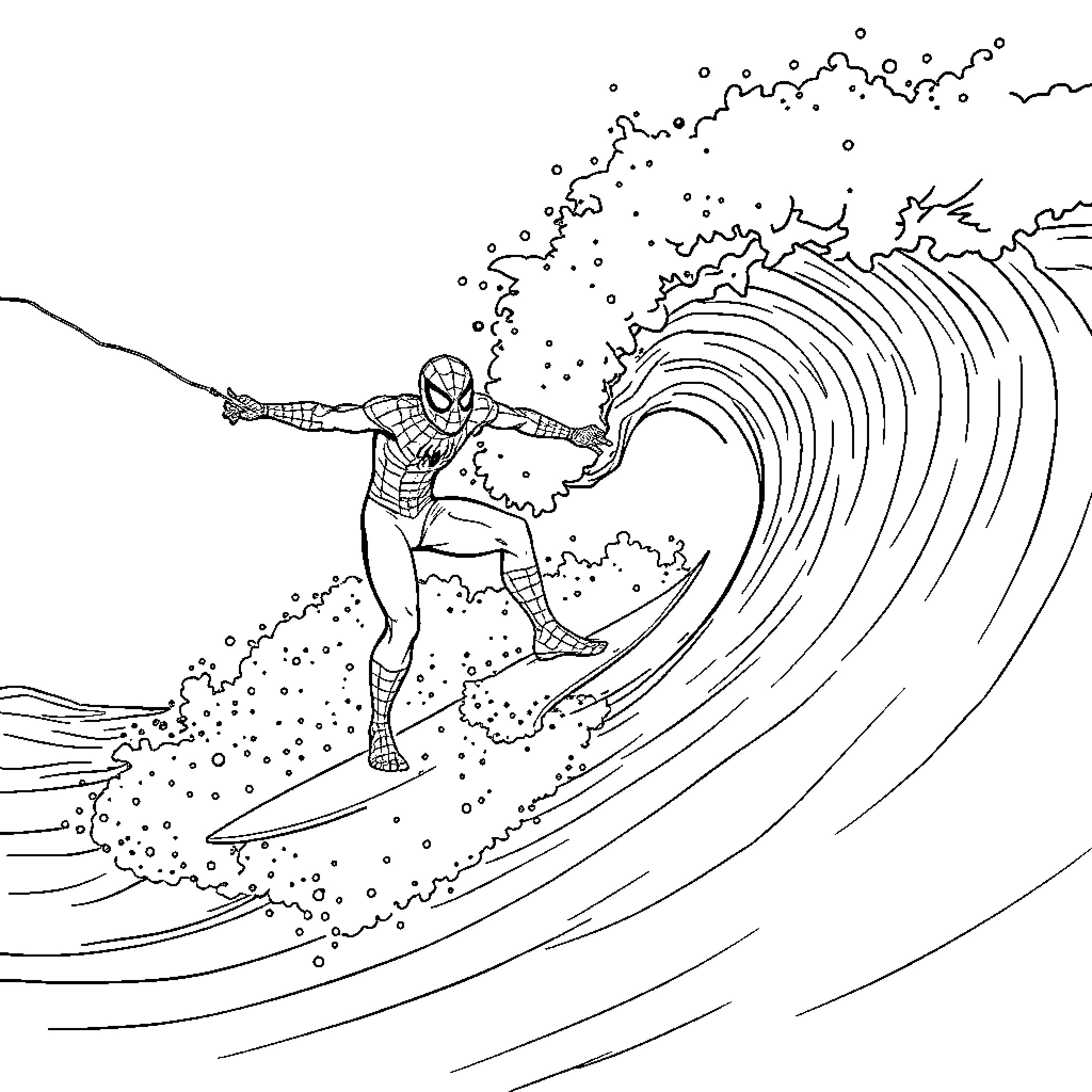 Spiderman surfing on a large ocean wave Coloring Page (free black-and-white line drawing printable PDF for all, from beginners to advanced learners, including children, teens, adults, and seniors)