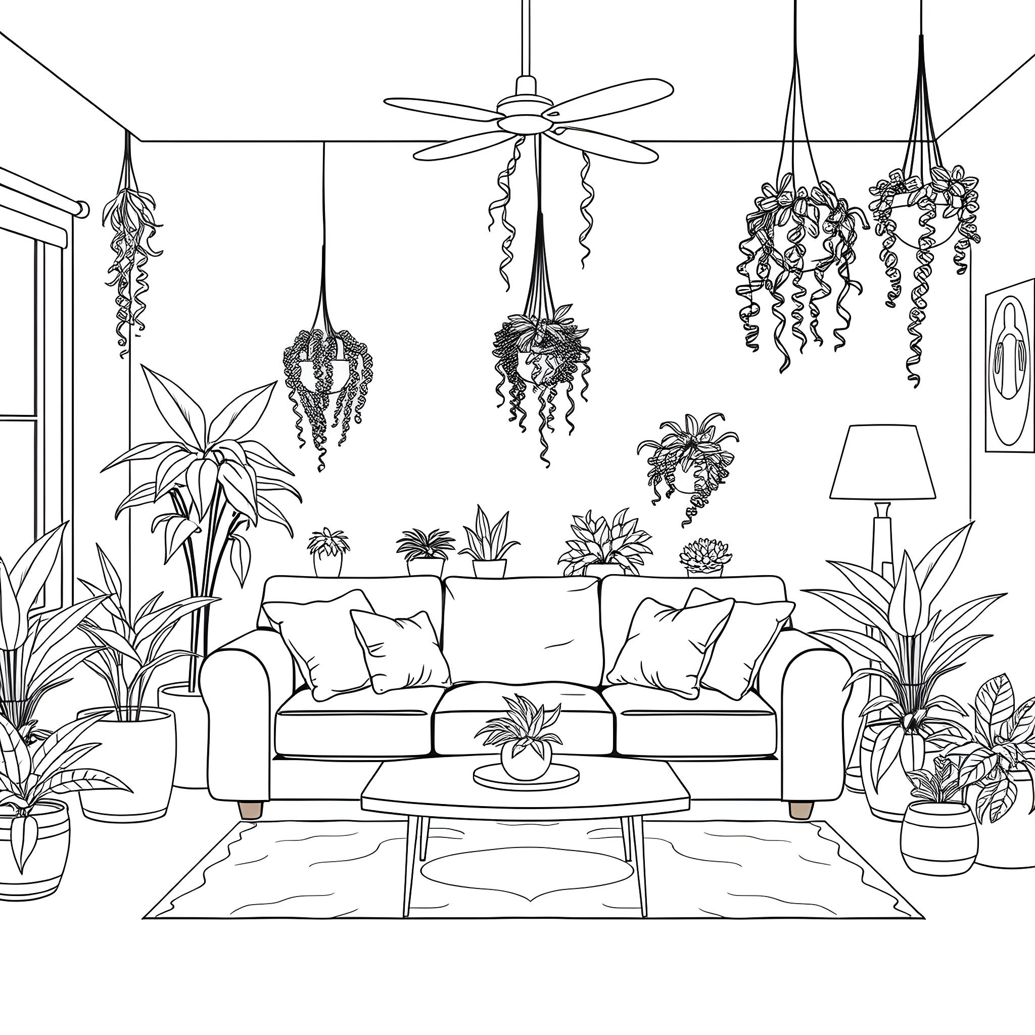 Living Room with Decorative Hanging Plants and Furniture Coloring Page (free black-and-white line drawing printable PDF for all, from beginners to advanced learners, including children, teens, adults, and seniors)