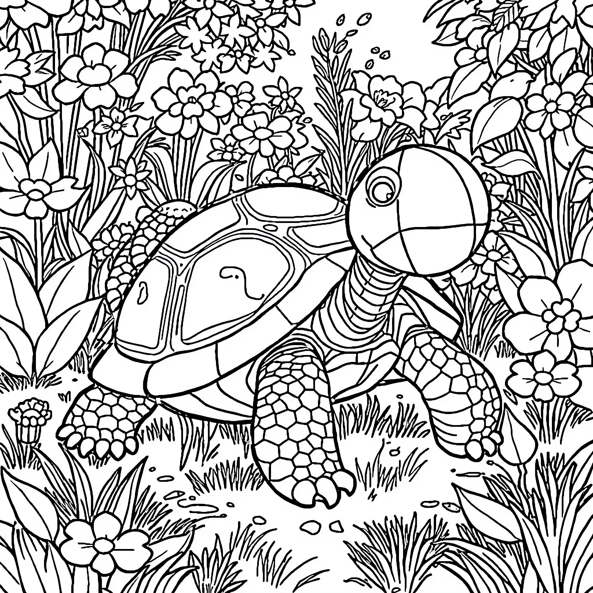 Turtle exploring the lush, floral garden Coloring Page (free black-and-white line drawing printable PDF for all, from beginners to advanced learners, including children, teens, adults, and seniors)