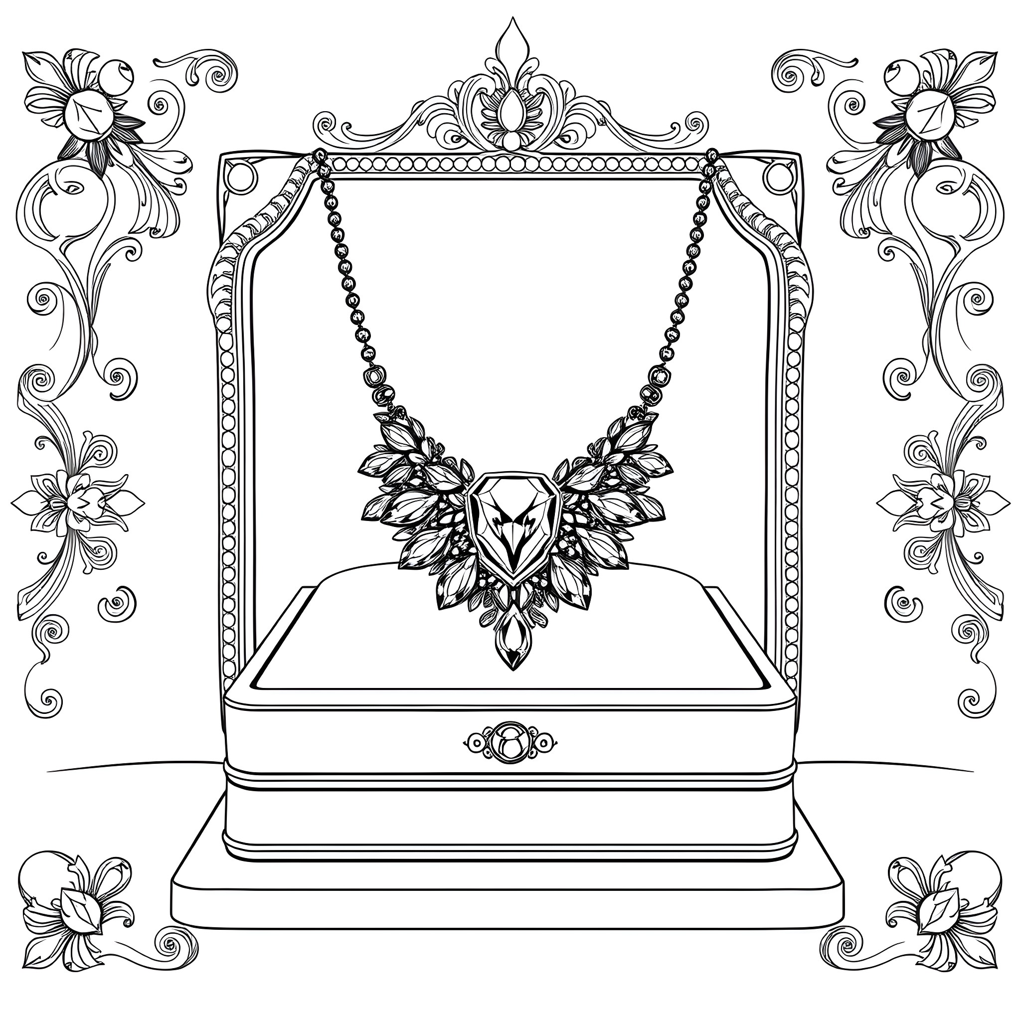 Gemstone Necklace Displayed in Ornate Frame Coloring Page (free black-and-white line drawing printable PDF for all, from beginners to advanced learners, including children, teens, adults, and seniors)