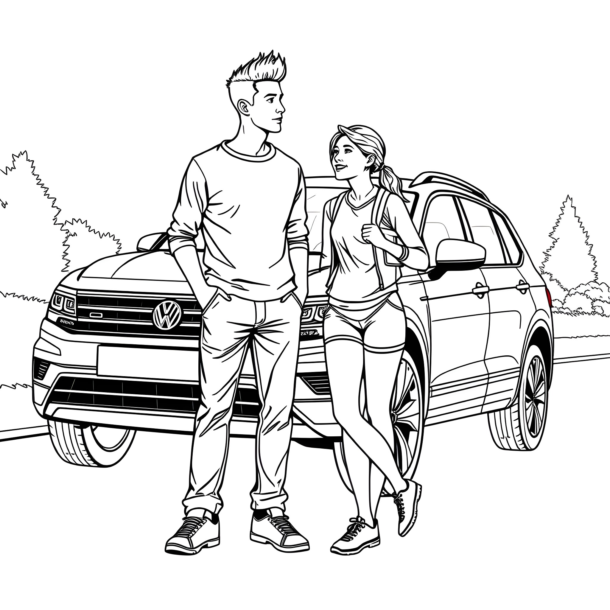 Teen couple standing by their car Coloring Page (free black-and-white line drawing printable PDF for all, from beginners to advanced learners, including children, teens, adults, and seniors)