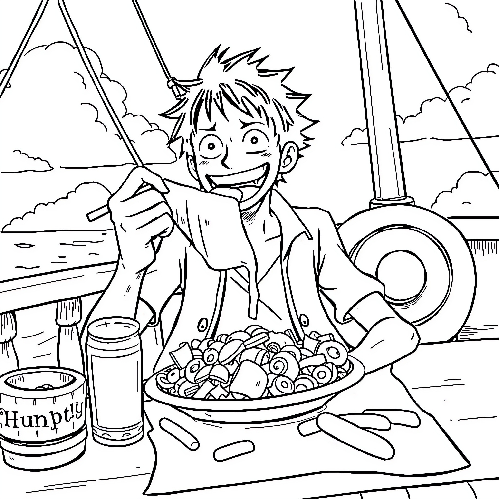 Monkey D Luffy enjoys a hearty meal on a ship Coloring Page (free black-and-white line drawing printable PDF for all, from beginners to advanced learners, including children, teens, adults, and seniors)