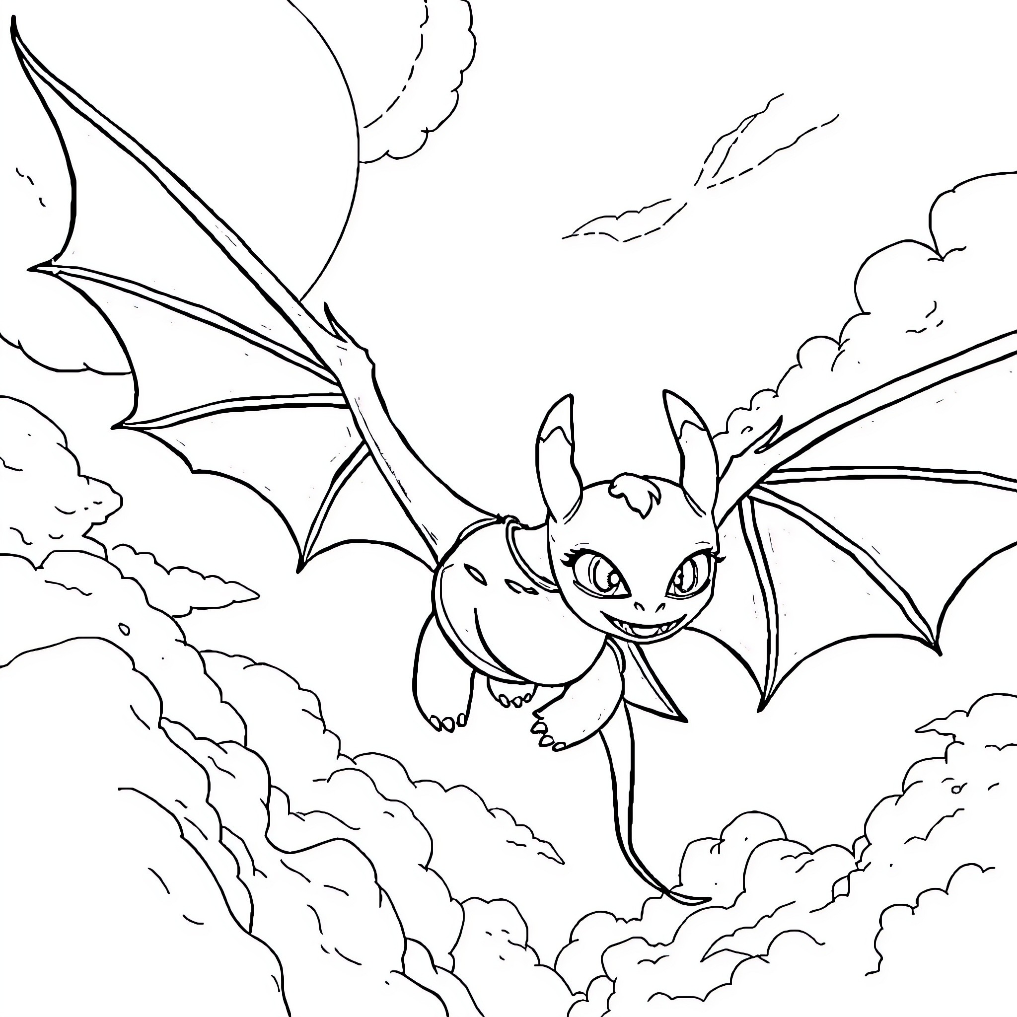 Toothless dragon soaring through cloudy skies Coloring Page (free black-and-white line drawing printable PDF for all, from beginners to advanced learners, including children, teens, adults, and seniors)