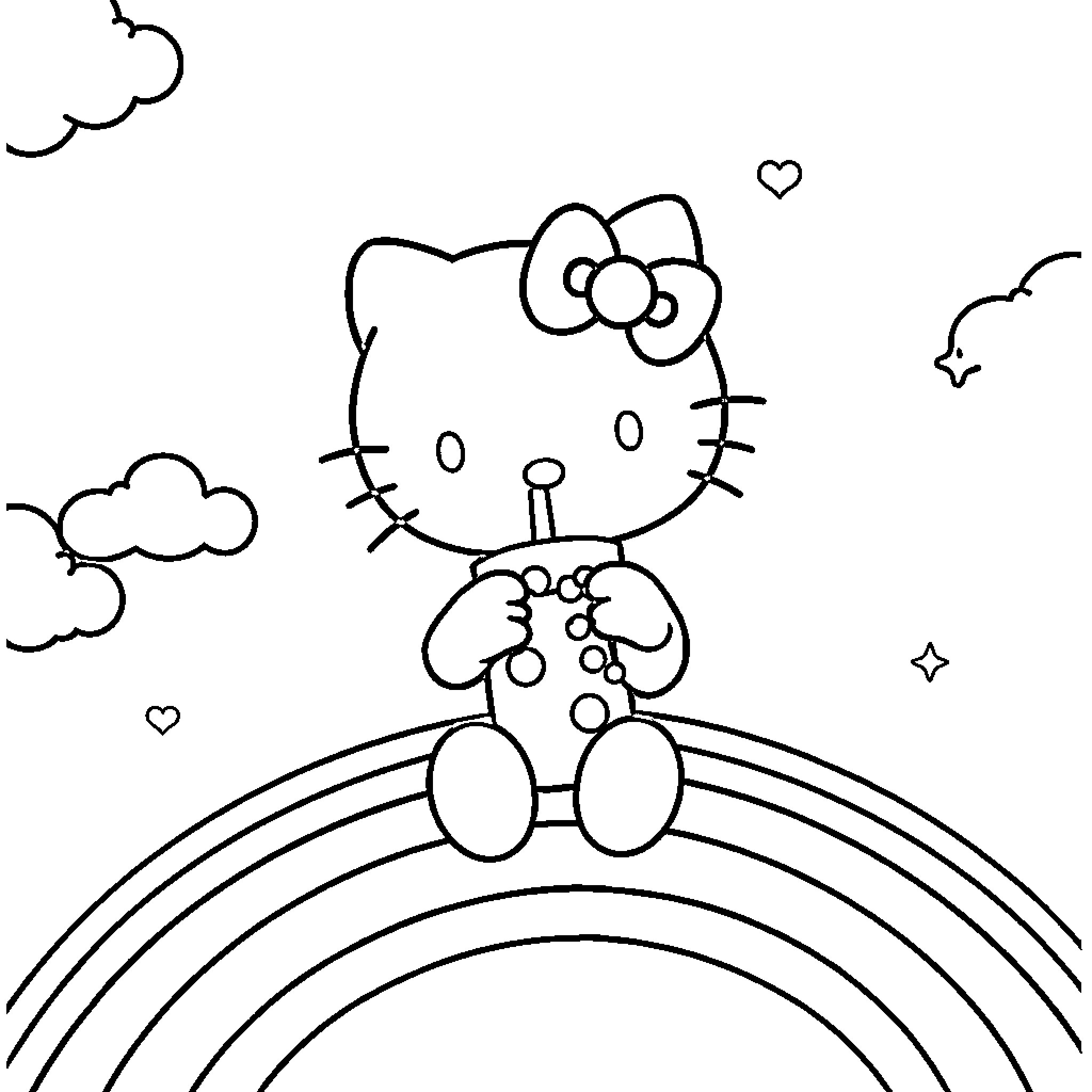 Hello Kitty sitting on a rainbow Coloring Page (free black-and-white line drawing printable PDF for all, from beginners to advanced learners, including children, teens, adults, and seniors)