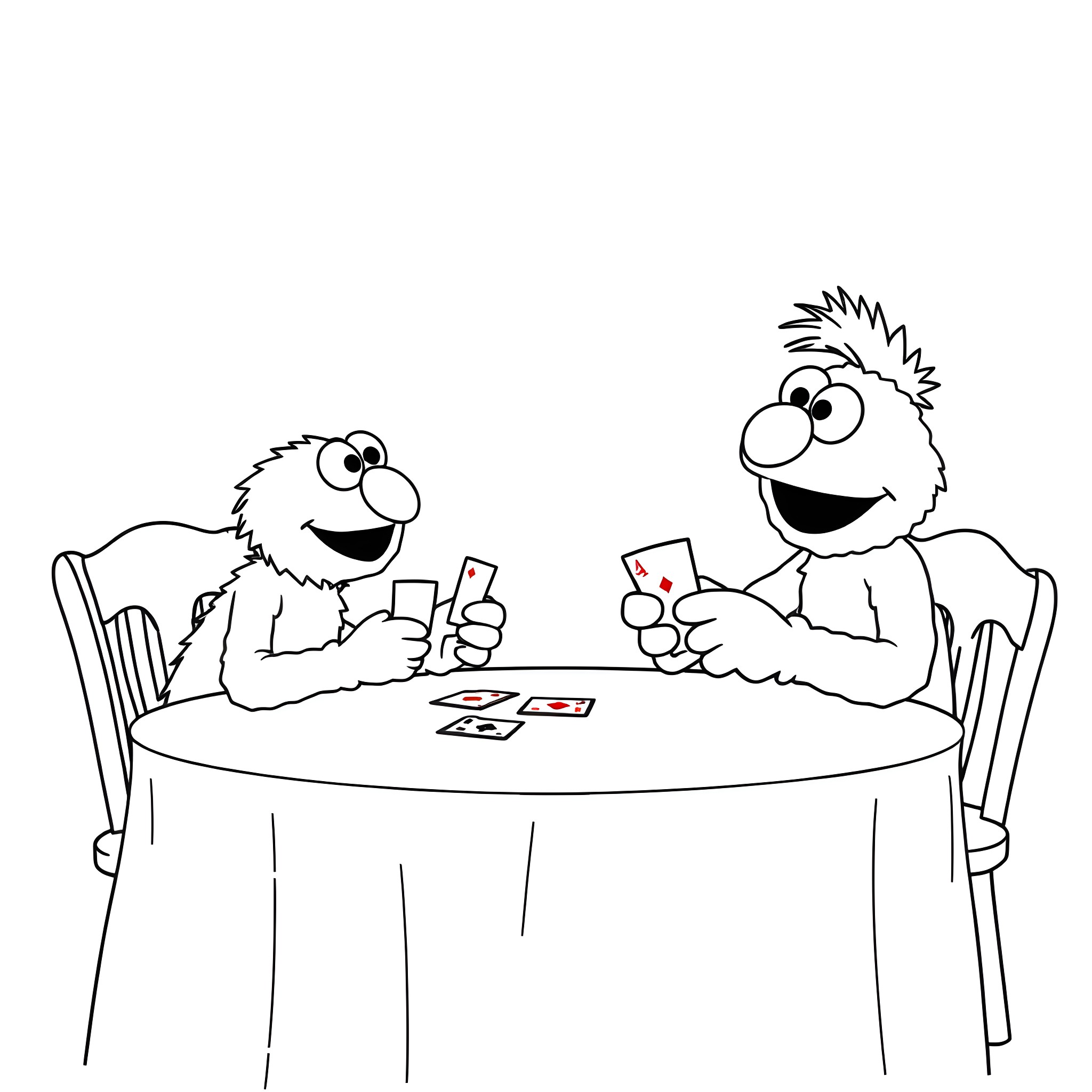 Elmo and friend playing card games at the table Coloring Page (free black-and-white line drawing printable PDF for all, from beginners to advanced learners, including children, teens, adults, and seniors)