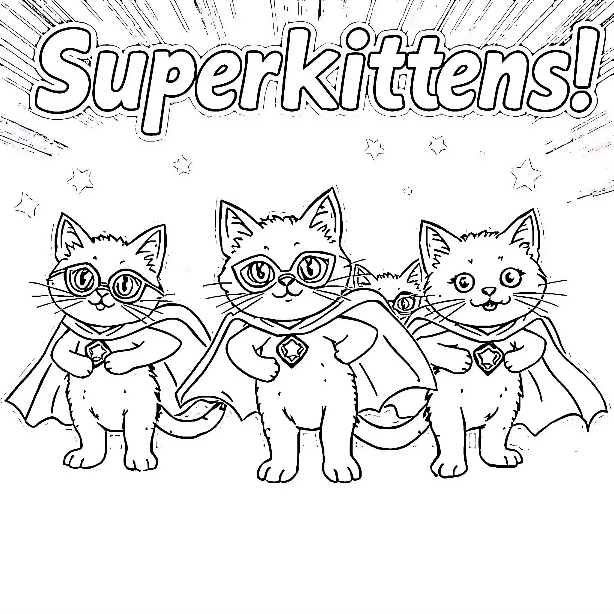 Superkittens! Superheroes with Adorable Expressions Coloring Page (free black-and-white line drawing printable PDF for all, from beginners to advanced learners, including children, teens, adults, and seniors)