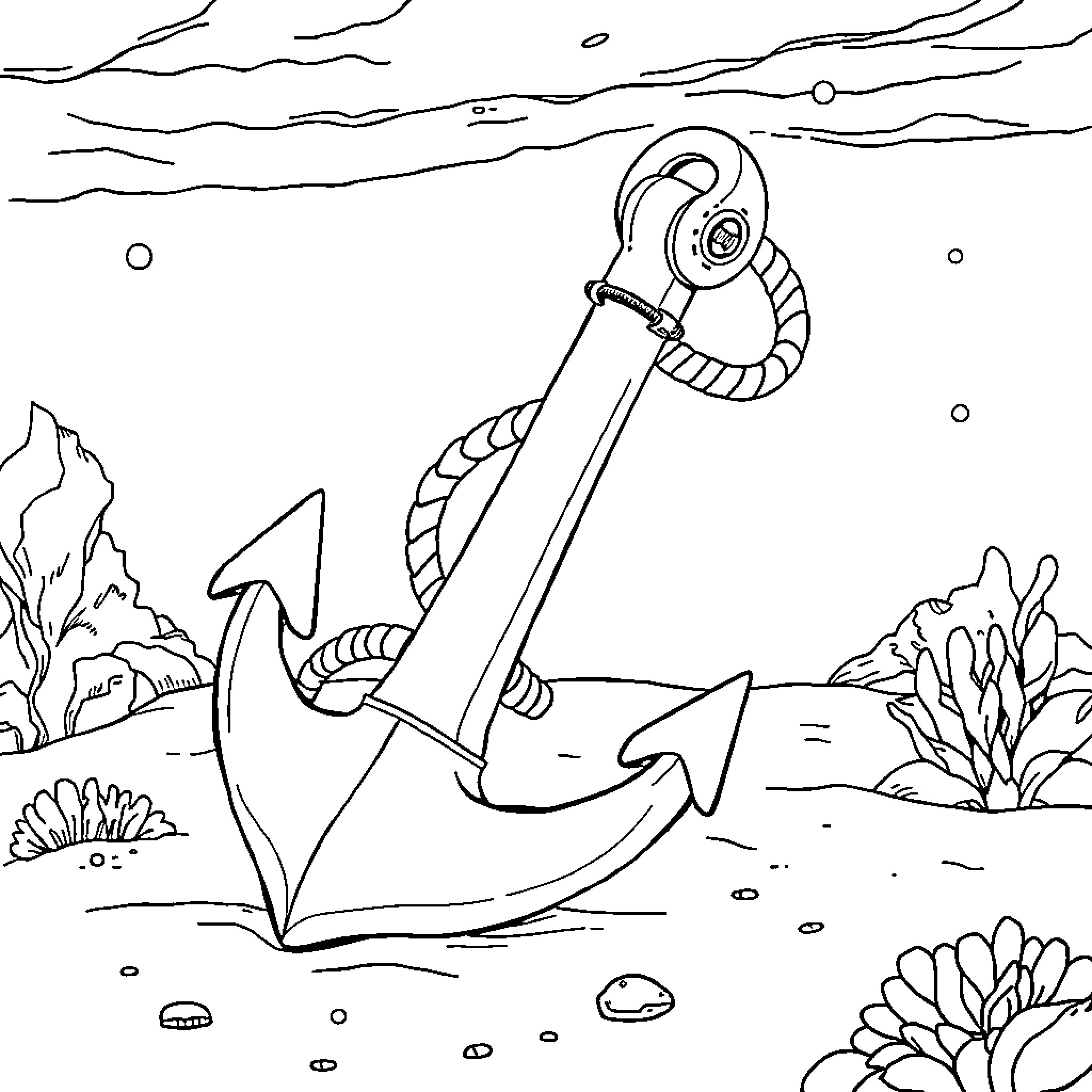 Anchor resting on the ocean floor Coloring Page (free black-and-white line drawing printable PDF for all, from beginners to advanced learners, including children, teens, adults, and seniors)
