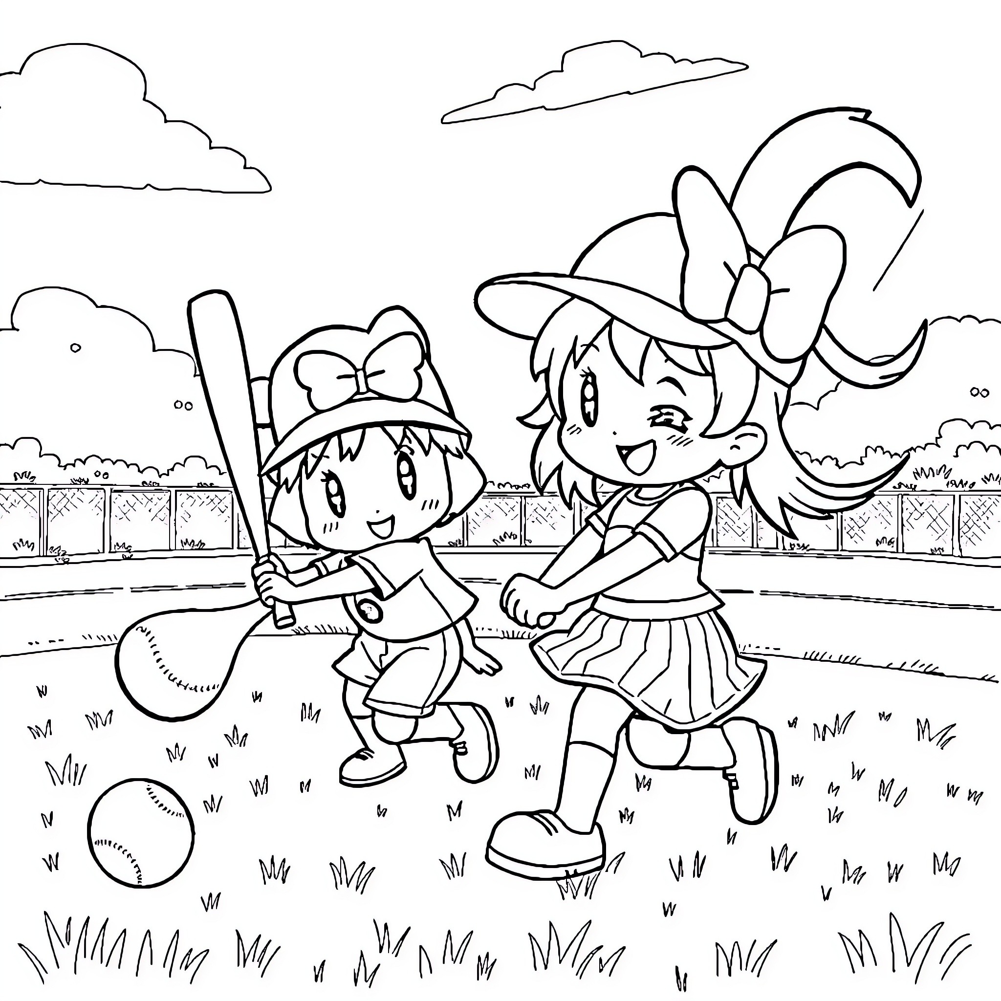 My Melody: Friends Enjoying Outdoor Activities Coloring Page (free black-and-white line drawing printable PDF for all, from beginners to advanced learners, including children, teens, adults, and seniors)