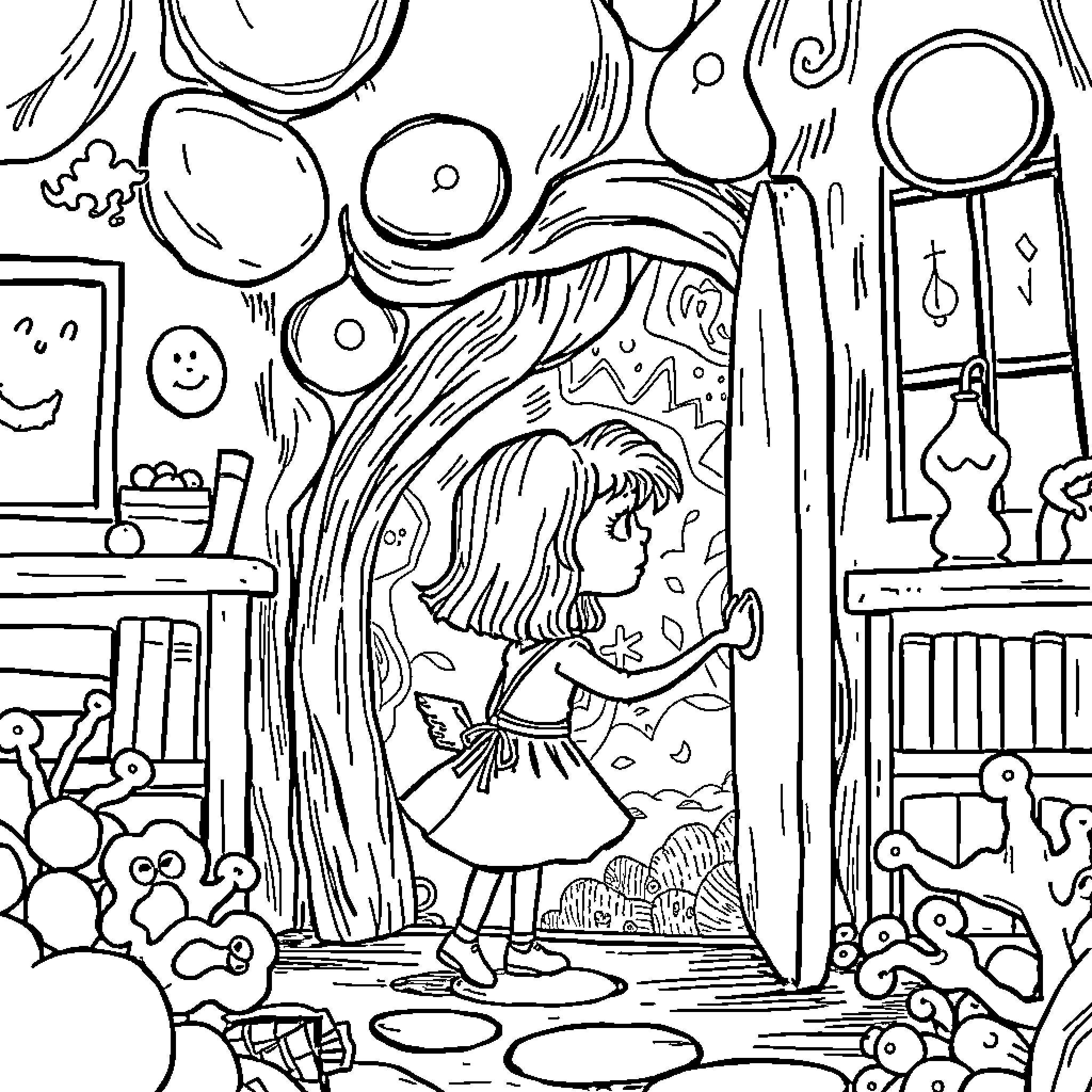 Coraline's Curious Exploration of Fantastical Realms Coloring Page (free black-and-white line drawing printable PDF for all, from beginners to advanced learners, including children, teens, adults, and seniors)