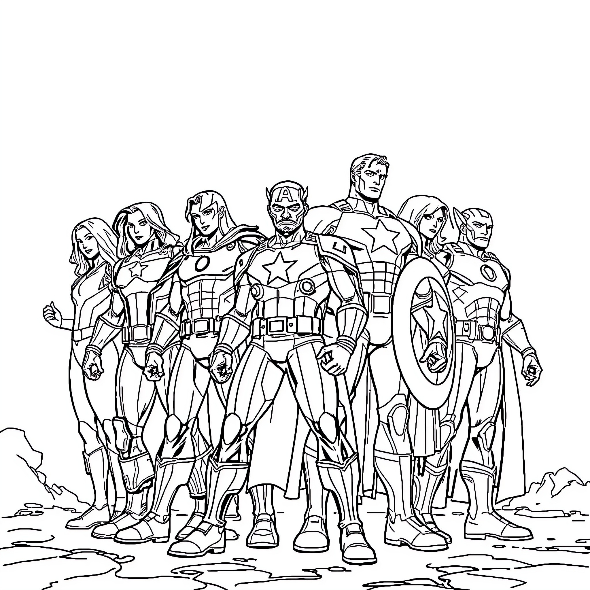 Avenger team poses heroically in the field Coloring Page (free black-and-white line drawing printable PDF for all, from beginners to advanced learners, including children, teens, adults, and seniors)