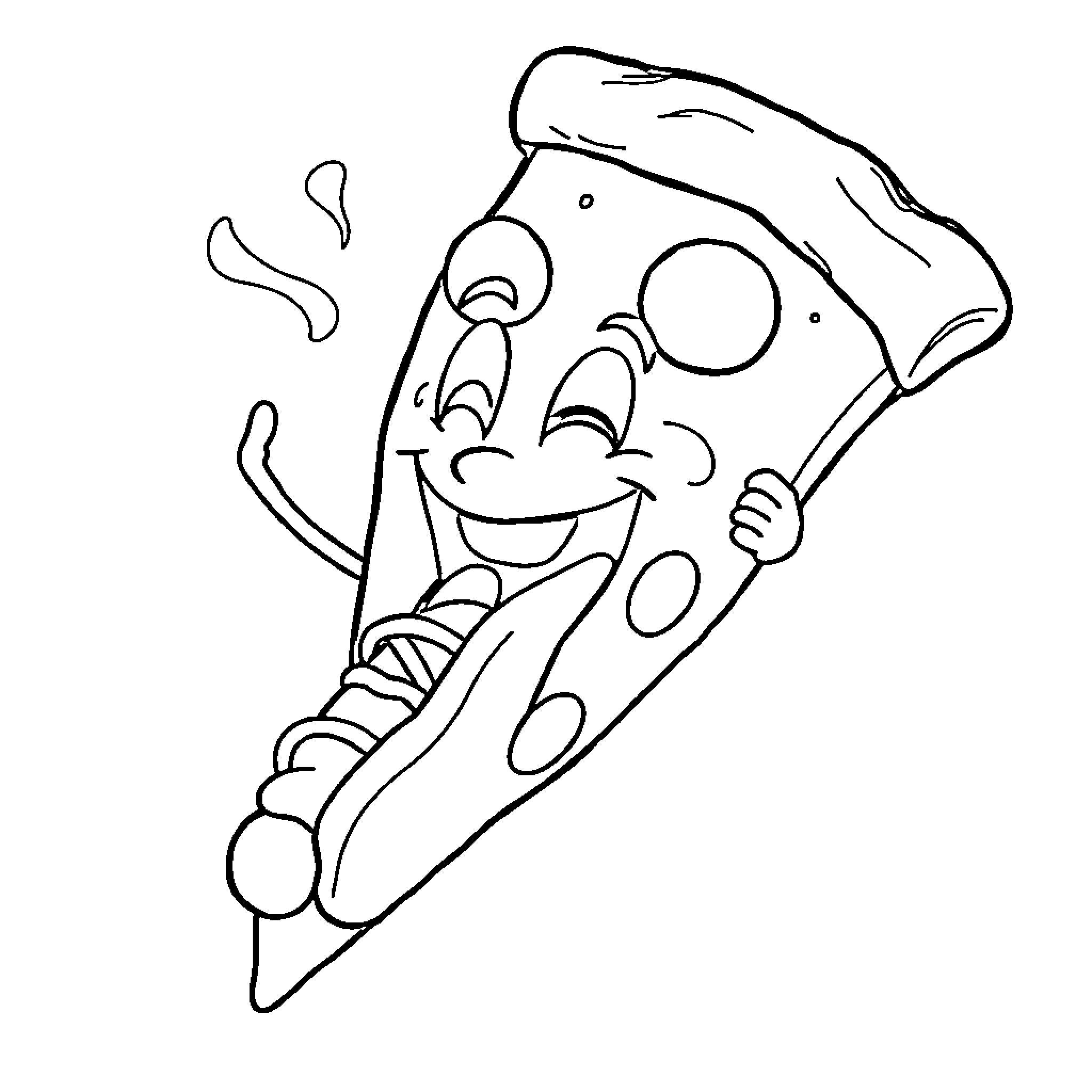 Pizza slice having fun Coloring Page (free black-and-white line drawing printable PDF for all, from beginners to advanced learners, including children, teens, adults, and seniors)