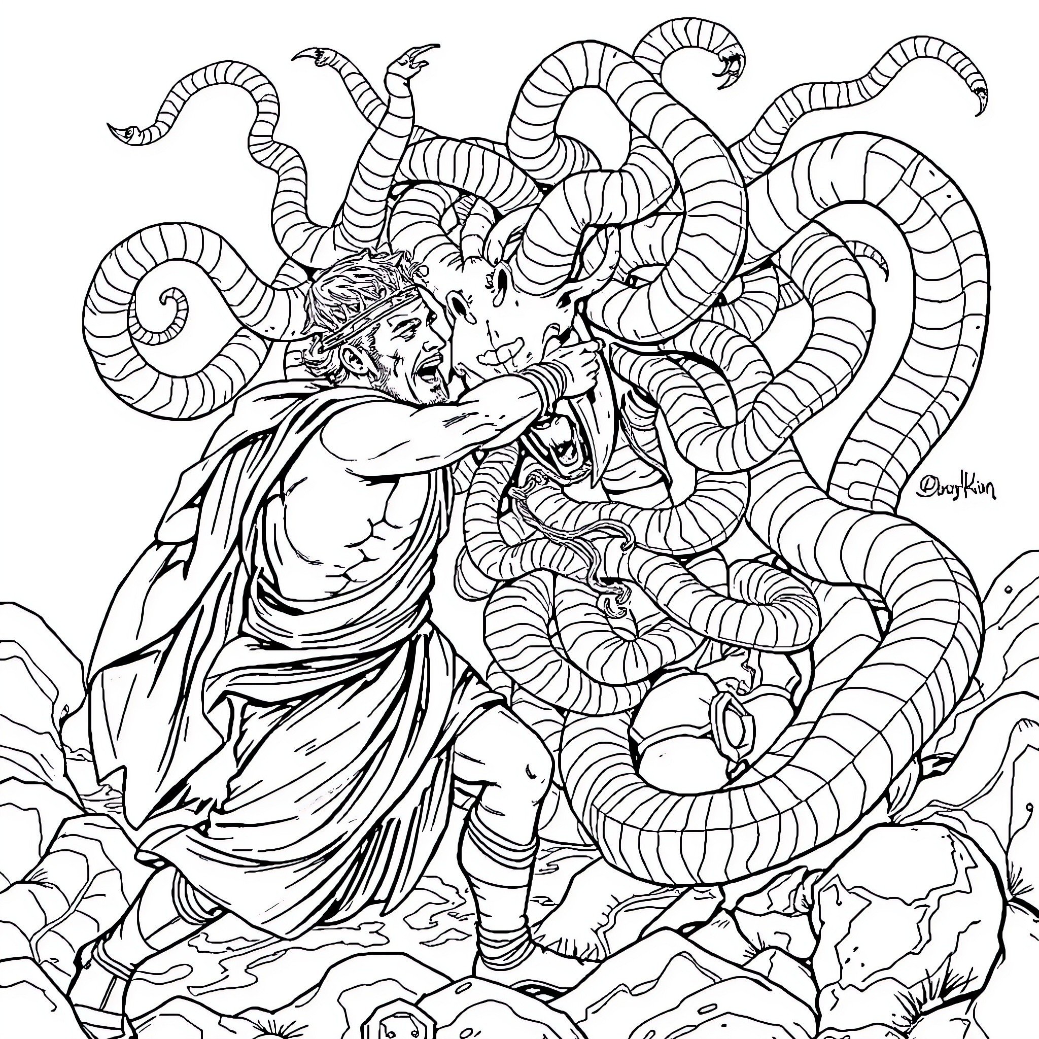 Octavian's Mythical Encounter with Serpentine Creatures Coloring Page (free black-and-white line drawing printable PDF for all, from beginners to advanced learners, including children, teens, adults, and seniors)