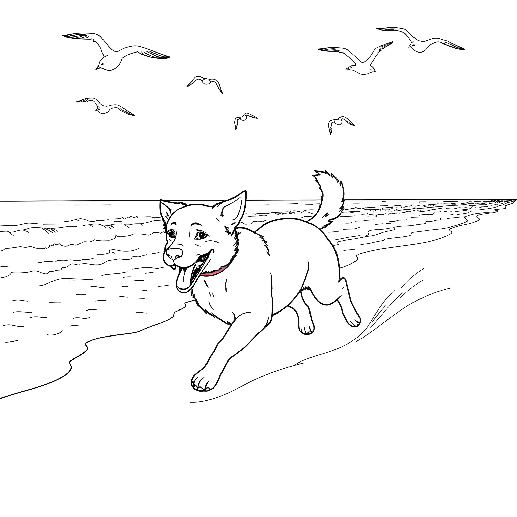 Dog playing happily on the beach Coloring Page (free black-and-white line drawing printable PDF for all, from beginners to advanced learners, including children, teens, adults, and seniors)
