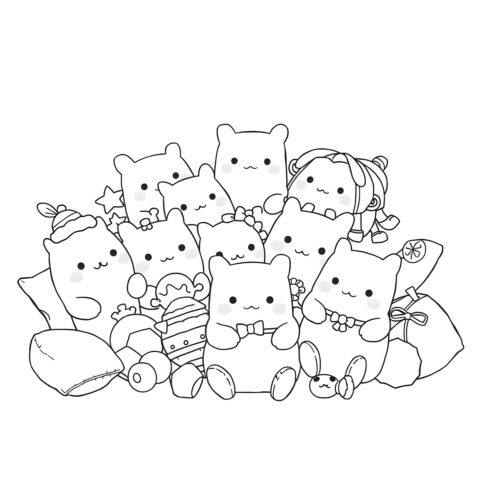 Squishmallow characters in a cute and playful setting Coloring Page (free black-and-white line drawing printable PDF for all, from beginners to advanced learners, including children, teens, adults, and seniors)