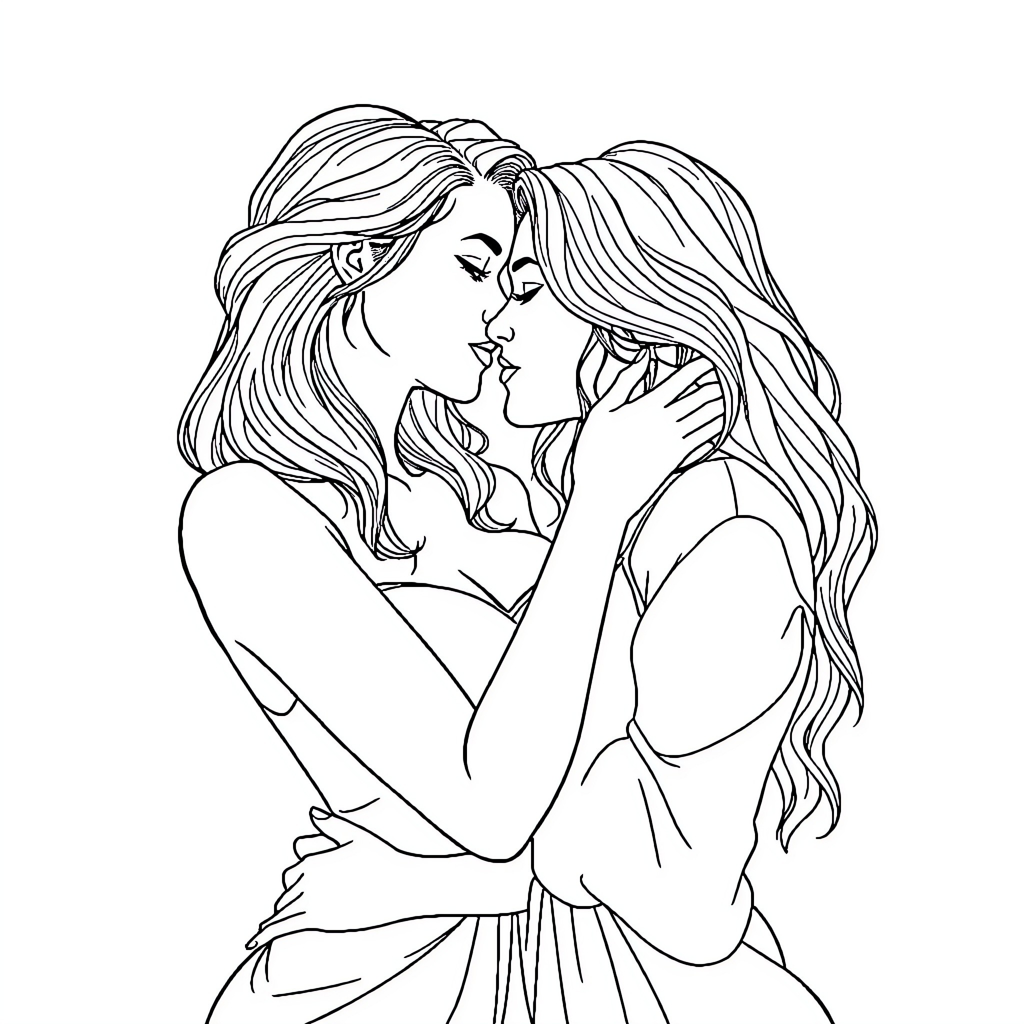 Lesbian lovers embrace tenderly Coloring Page (free black-and-white line drawing printable PDF for all, from beginners to advanced learners, including children, teens, adults, and seniors)