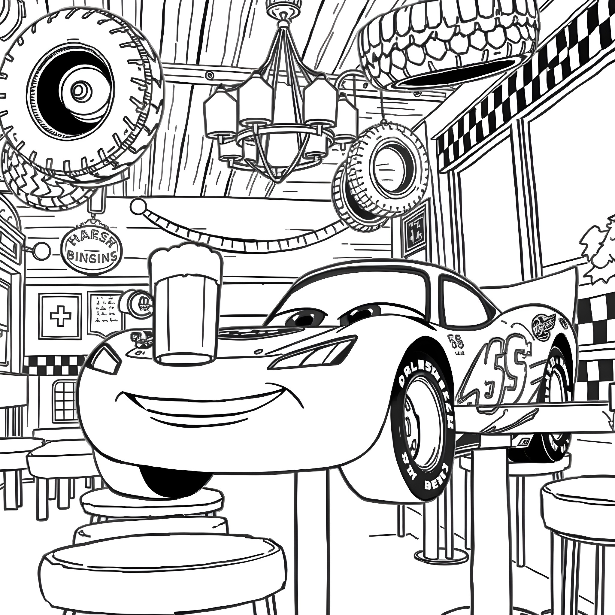 Lightning McQueen in the Busy Auto Shop Coloring Page (free black-and-white line drawing printable PDF for all, from beginners to advanced learners, including children, teens, adults, and seniors)