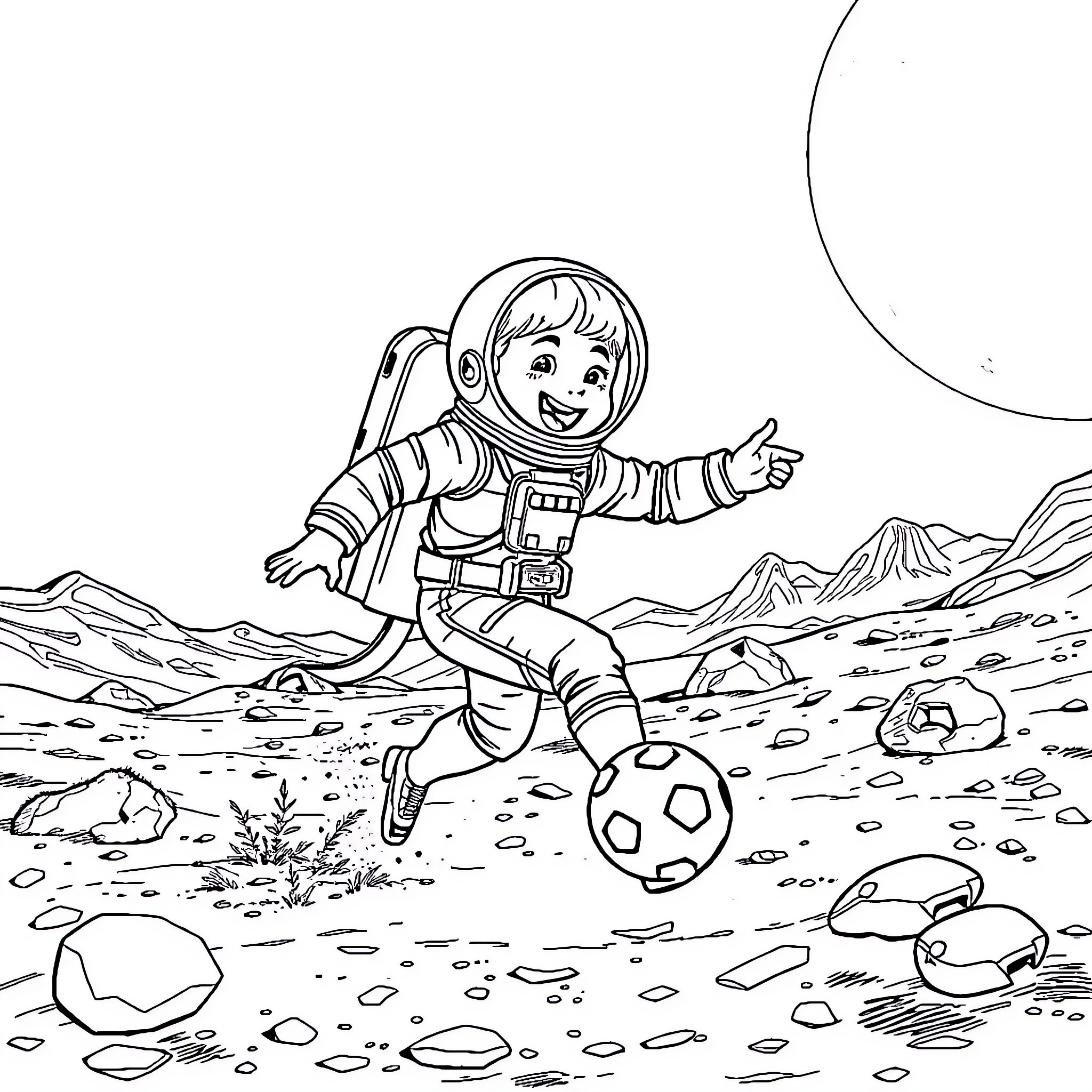 Boy exploring the alien planet with a soccer ball Coloring Page (free black-and-white line drawing printable PDF for all, from beginners to advanced learners, including children, teens, adults, and seniors)