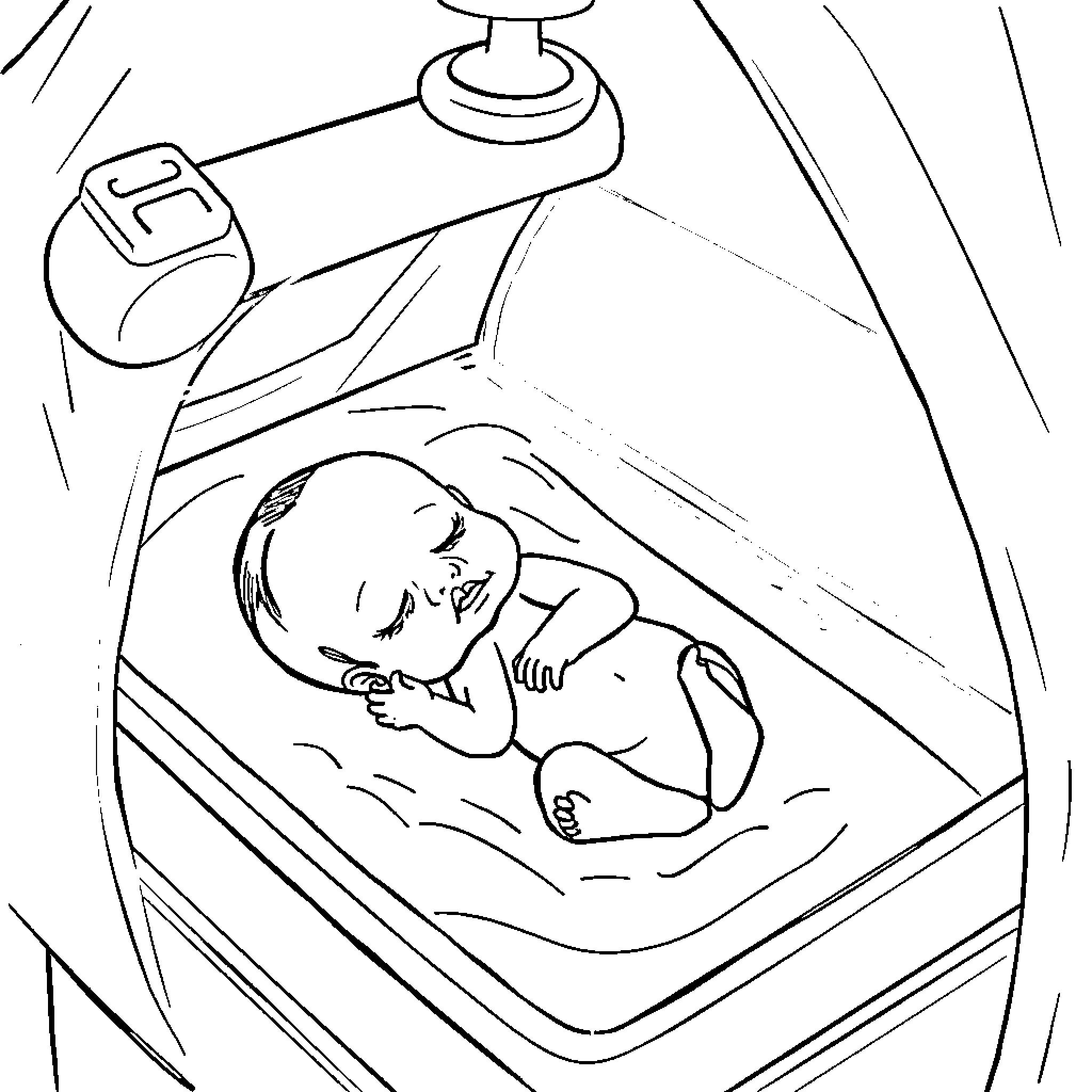 Baby resting peacefully in an incubator Coloring Page (free black-and-white line drawing printable PDF for all, from beginners to advanced learners, including children, teens, adults, and seniors)
