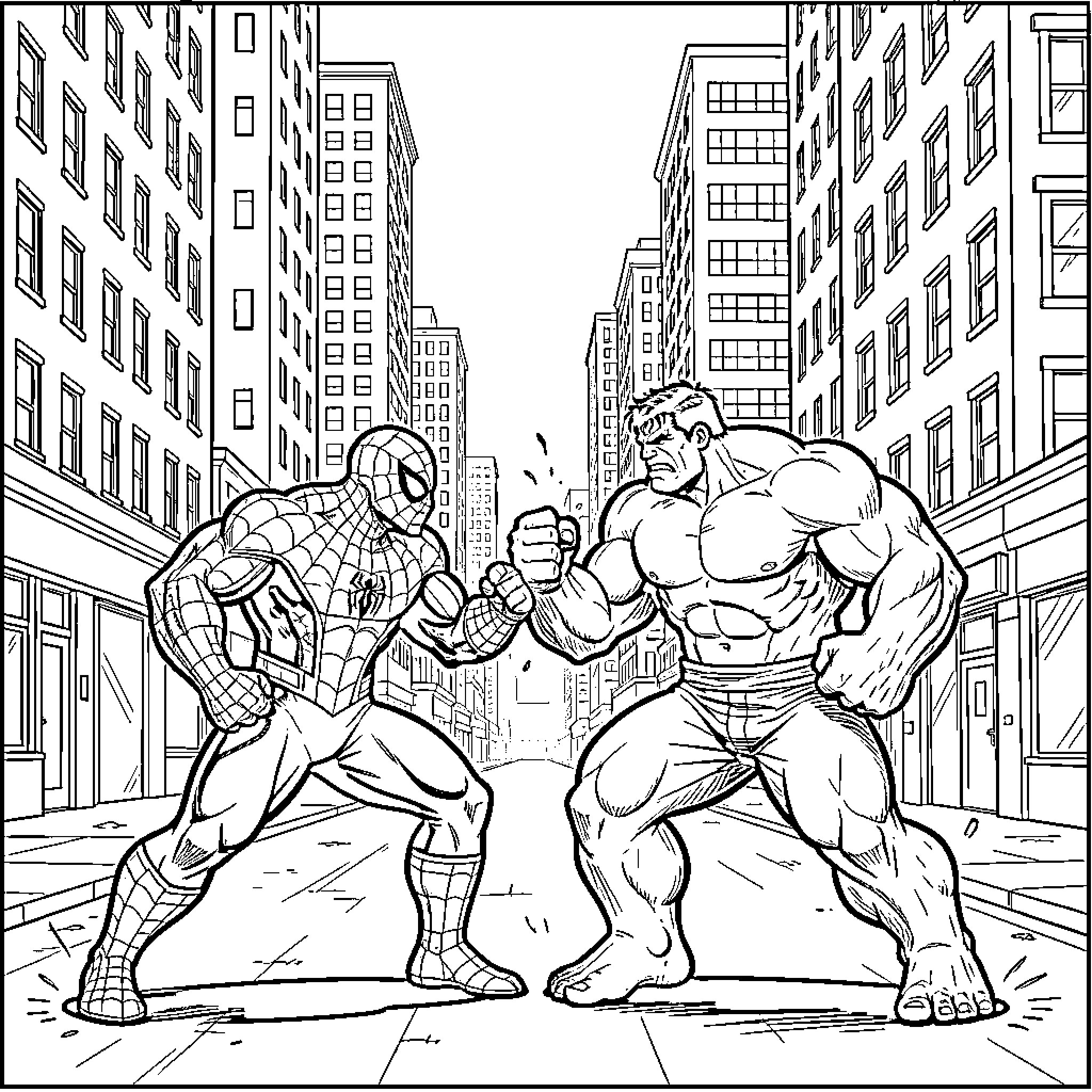 Spiderman battling Hulk in a city street Coloring Page (free black-and-white line drawing printable PDF for all, from beginners to advanced learners, including children, teens, adults, and seniors)