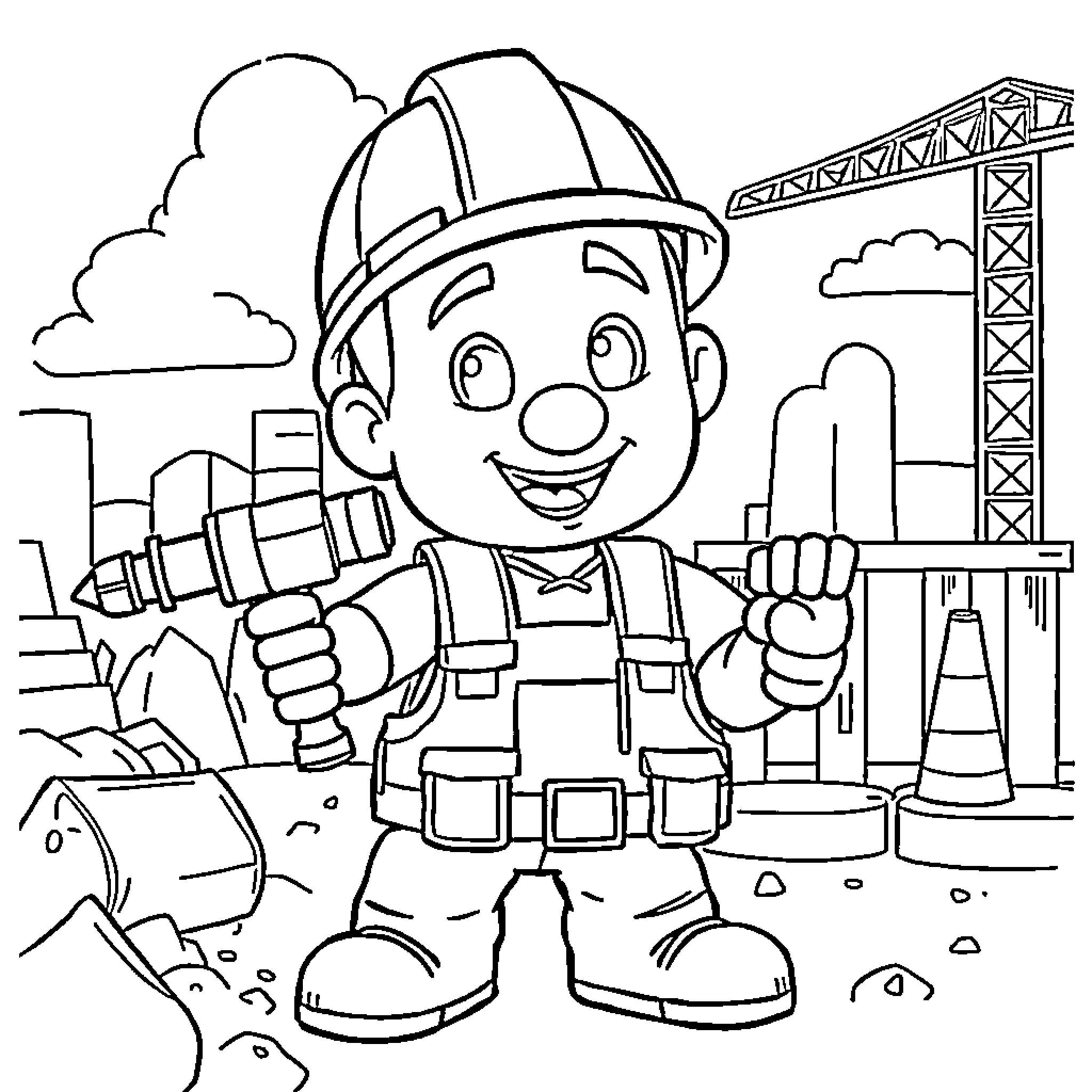 Bob the Builder excited to work on construction site Coloring Page (free black-and-white line drawing printable PDF for all, from beginners to advanced learners, including children, teens, adults, and seniors)