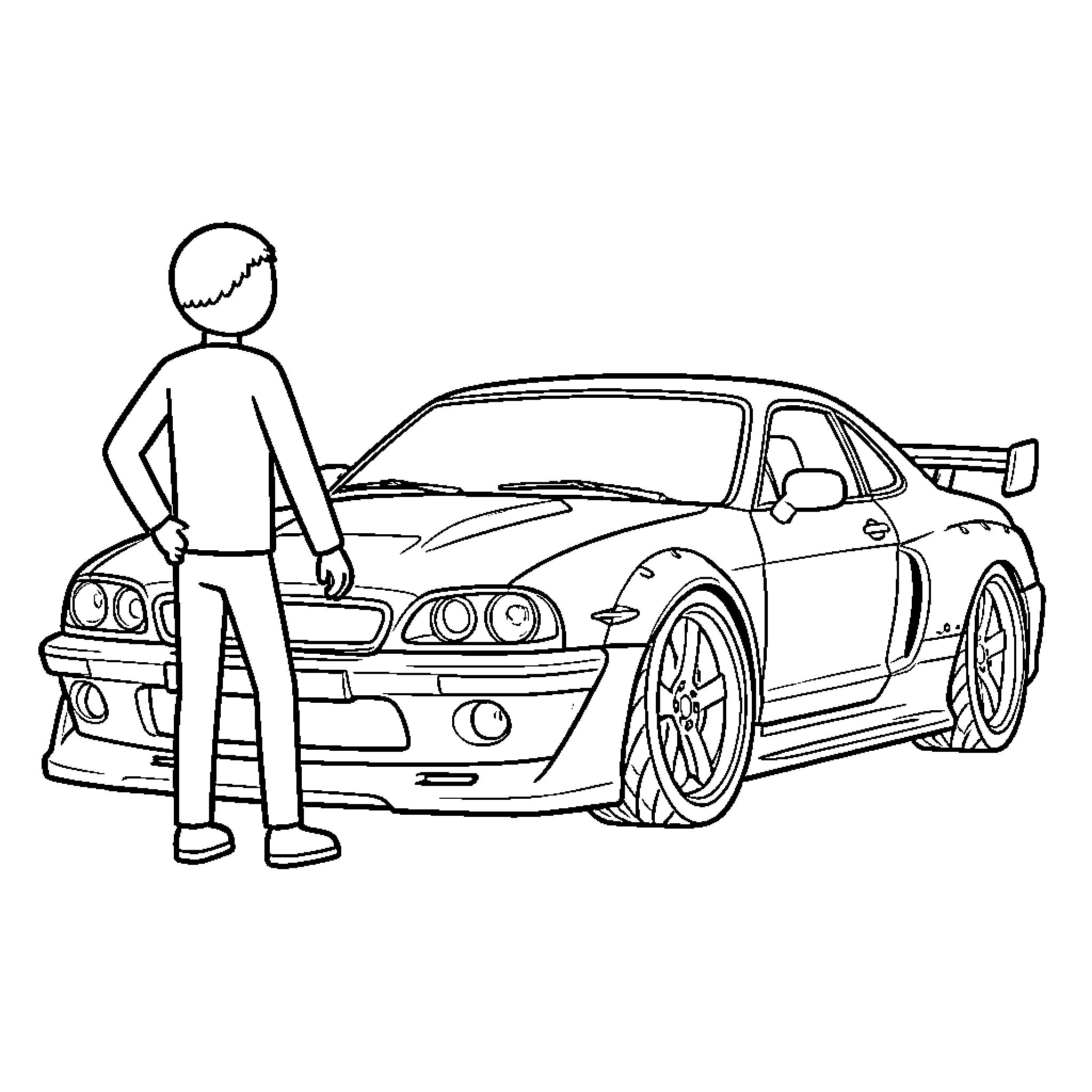 Car enthusiast admiring a sports car Coloring Page (free black-and-white line drawing printable PDF for all, from beginners to advanced learners, including children, teens, adults, and seniors)