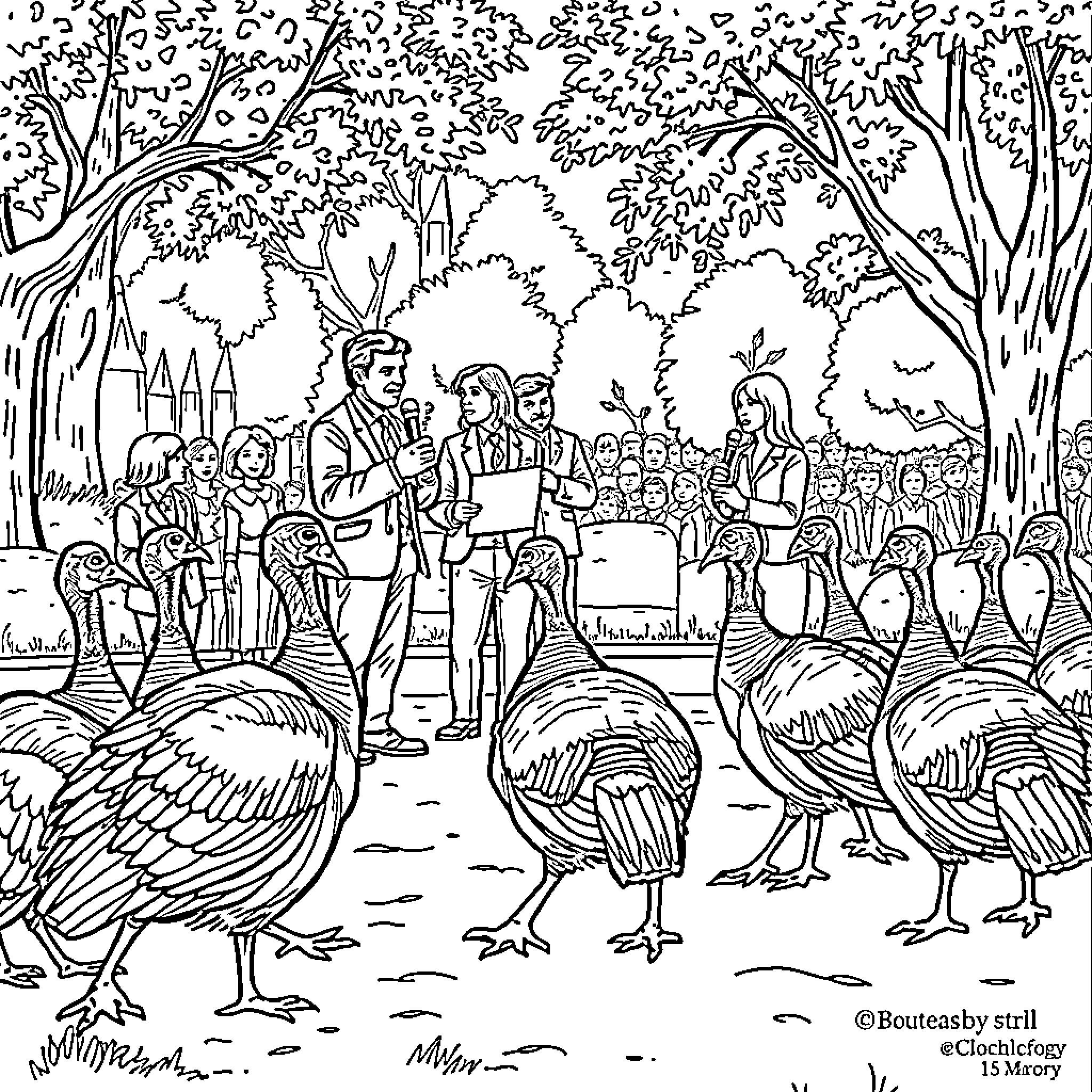 Turkey Parade with Festive Costumed Characters Coloring Page (free black-and-white line drawing printable PDF for all, from beginners to advanced learners, including children, teens, adults, and seniors)