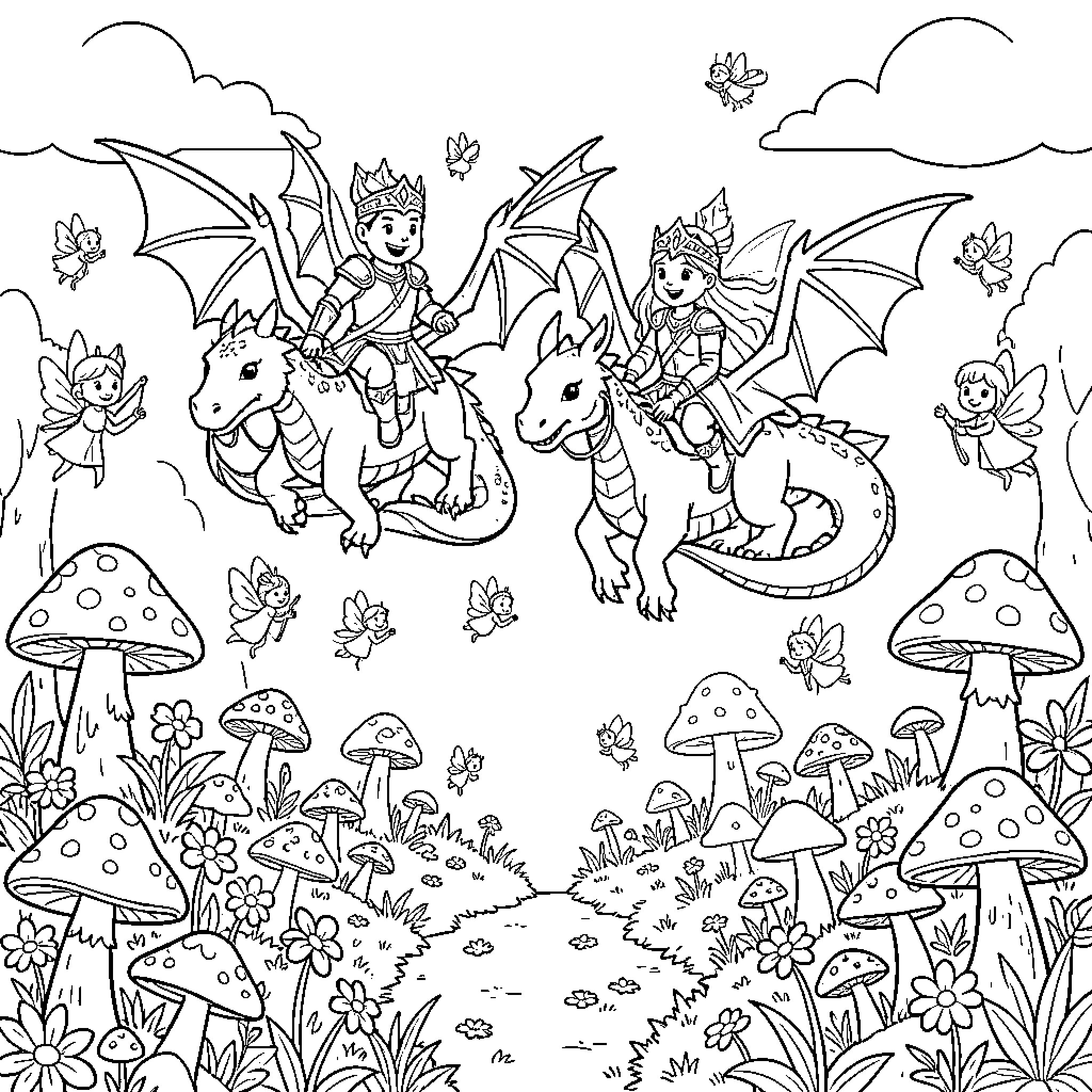 Dragon riders flying through a magical fairy garden Coloring Page (free black-and-white line drawing printable PDF for all, from beginners to advanced learners, including children, teens, adults, and seniors)