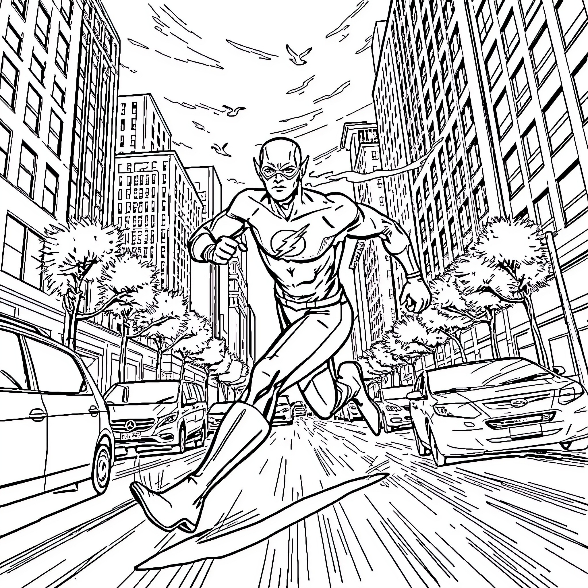 Flash Racing Through the City Coloring Page (free black-and-white line drawing printable PDF for all, from beginners to advanced learners, including children, teens, adults, and seniors)