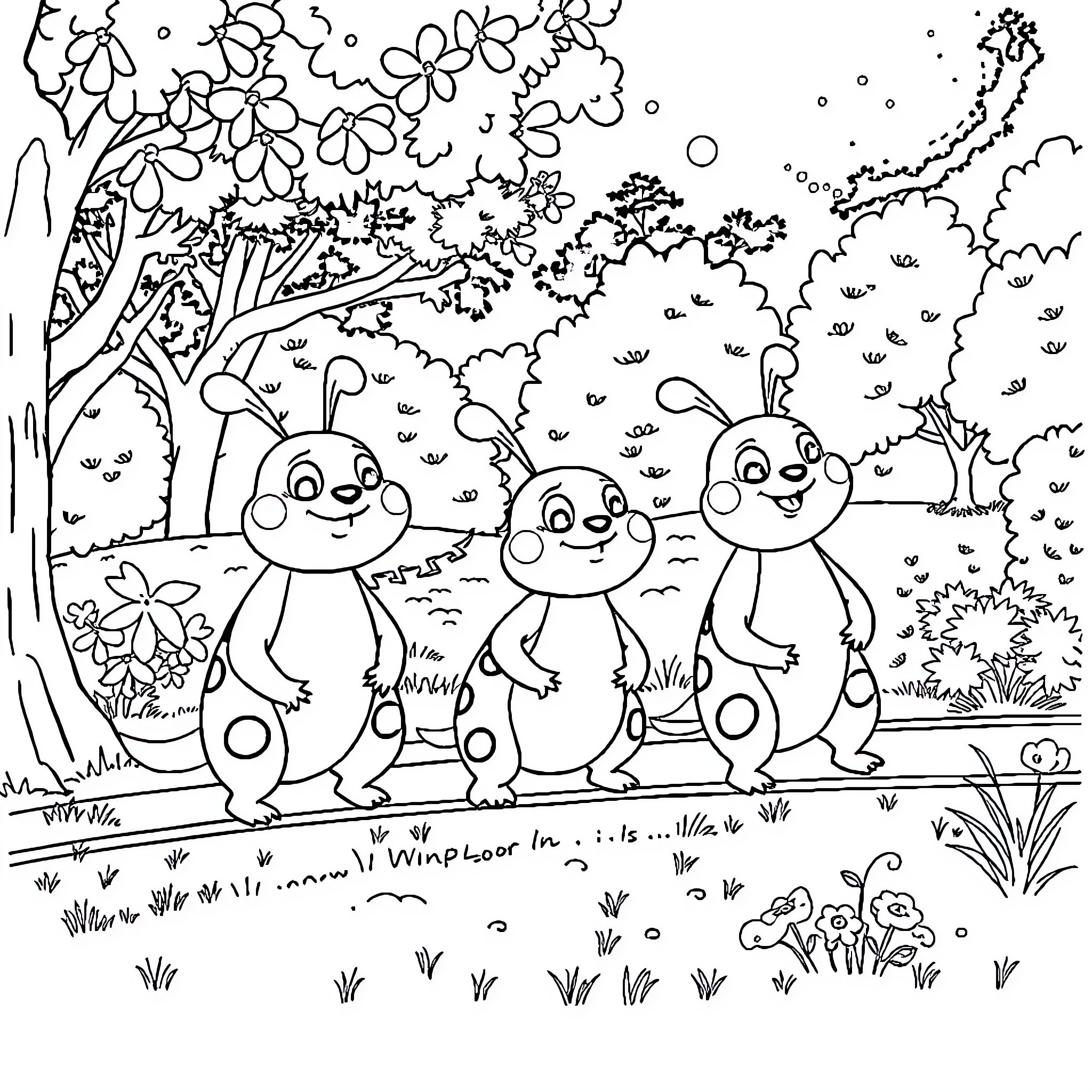 Paw Patrol characters exploring the forest Coloring Page (free black-and-white line drawing printable PDF for all, from beginners to advanced learners, including children, teens, adults, and seniors)