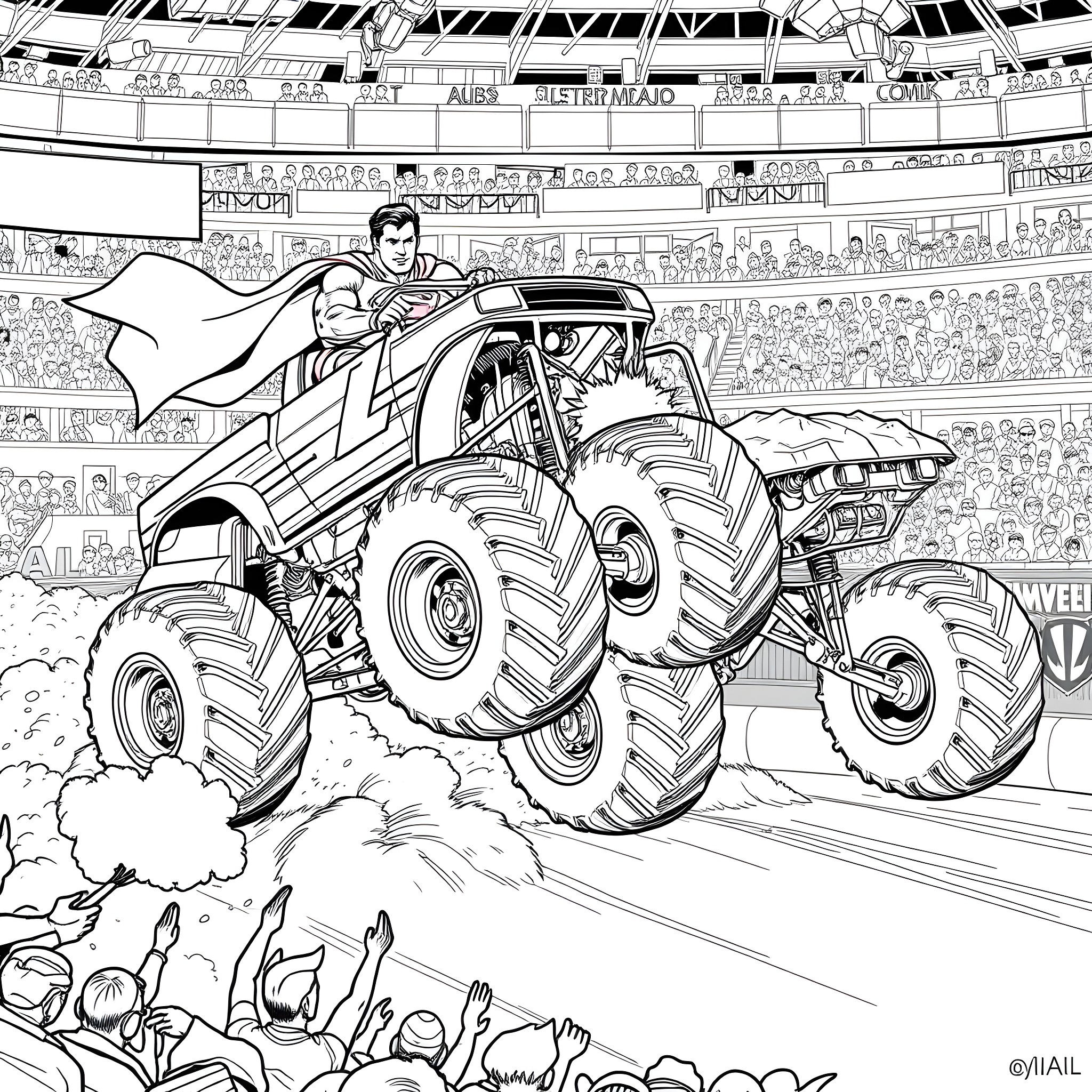 Superman's Monster Truck Stunt in the Stadium Coloring Page (free black-and-white line drawing printable PDF for all, from beginners to advanced learners, including children, teens, adults, and seniors)