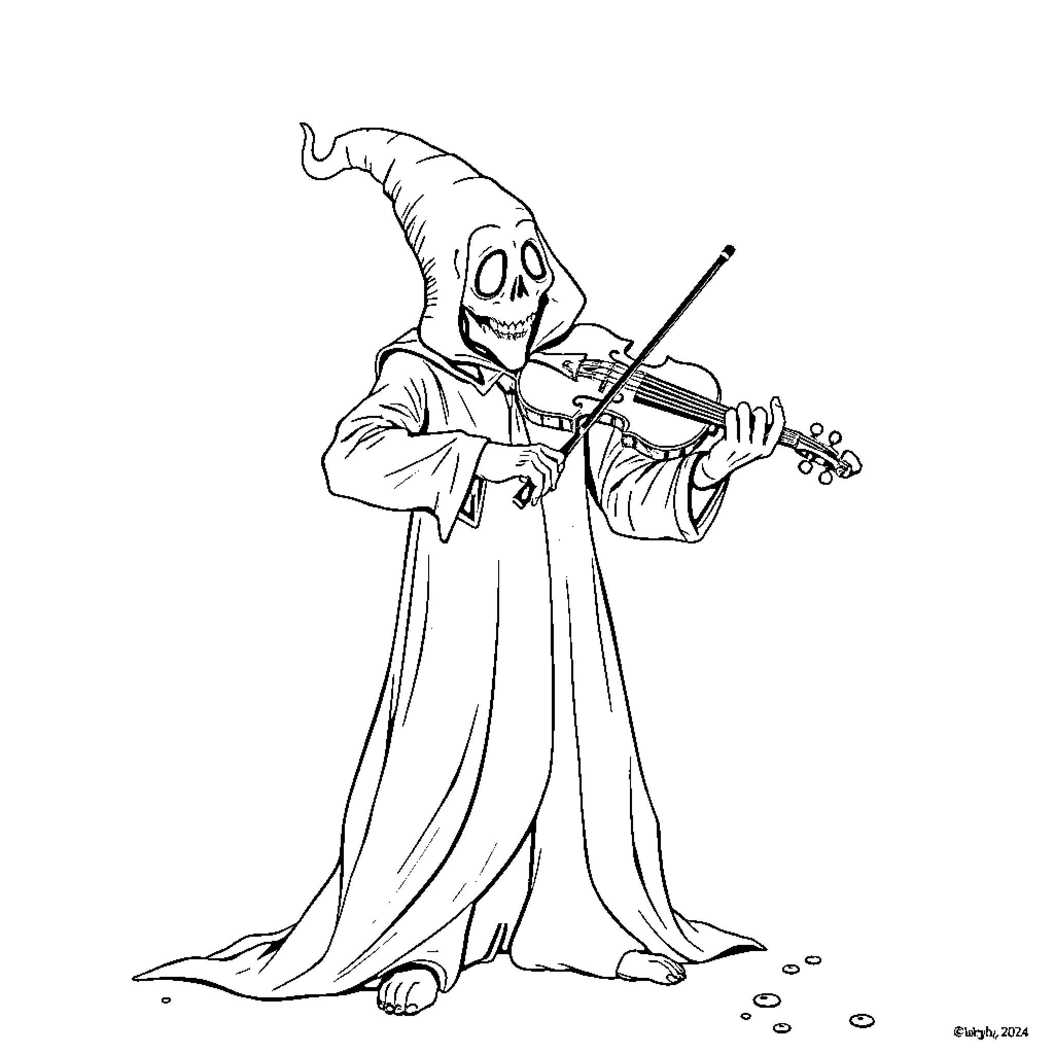 Ghost violinist performing in eerie attire Coloring Page (free black-and-white line drawing printable PDF for all, from beginners to advanced learners, including children, teens, adults, and seniors)