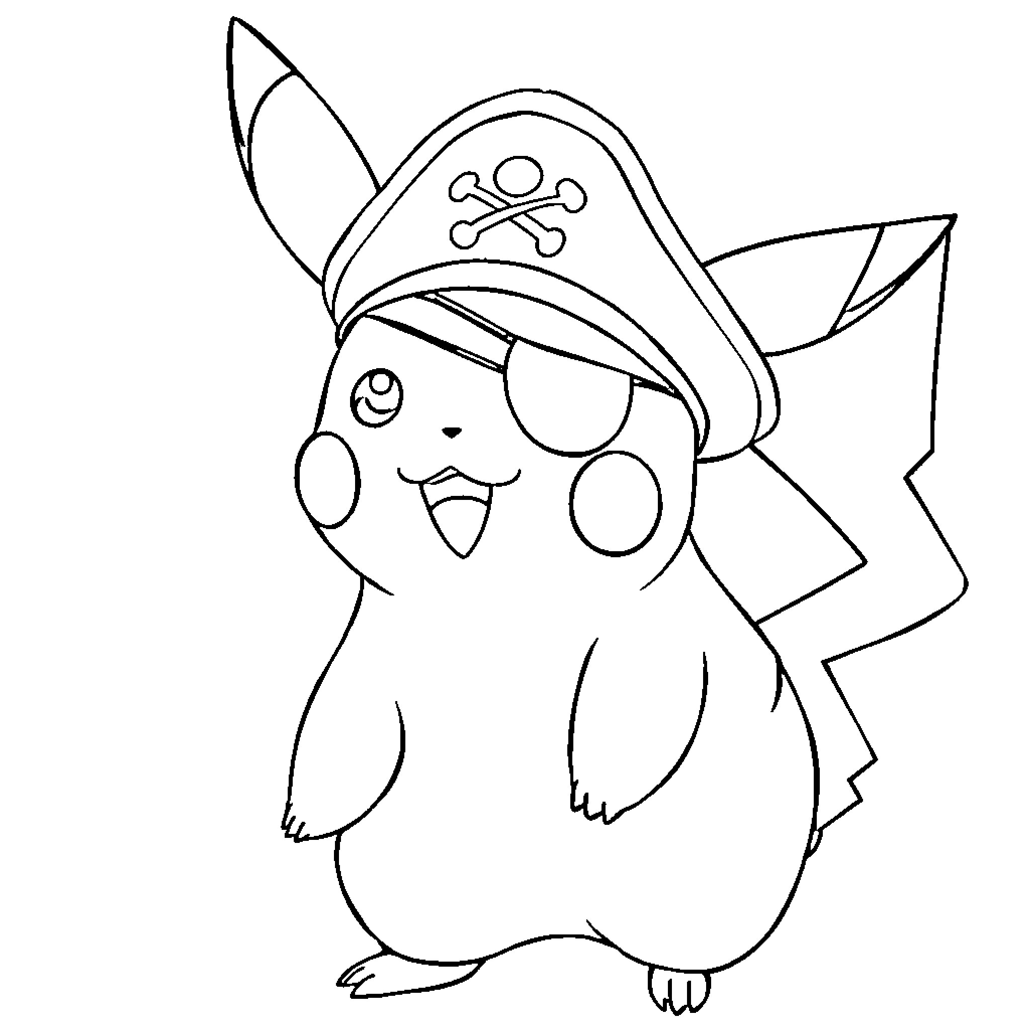 Pikachu wearing a pirate hat and eye patch Coloring Page (free black-and-white line drawing printable PDF for all, from beginners to advanced learners, including children, teens, adults, and seniors)