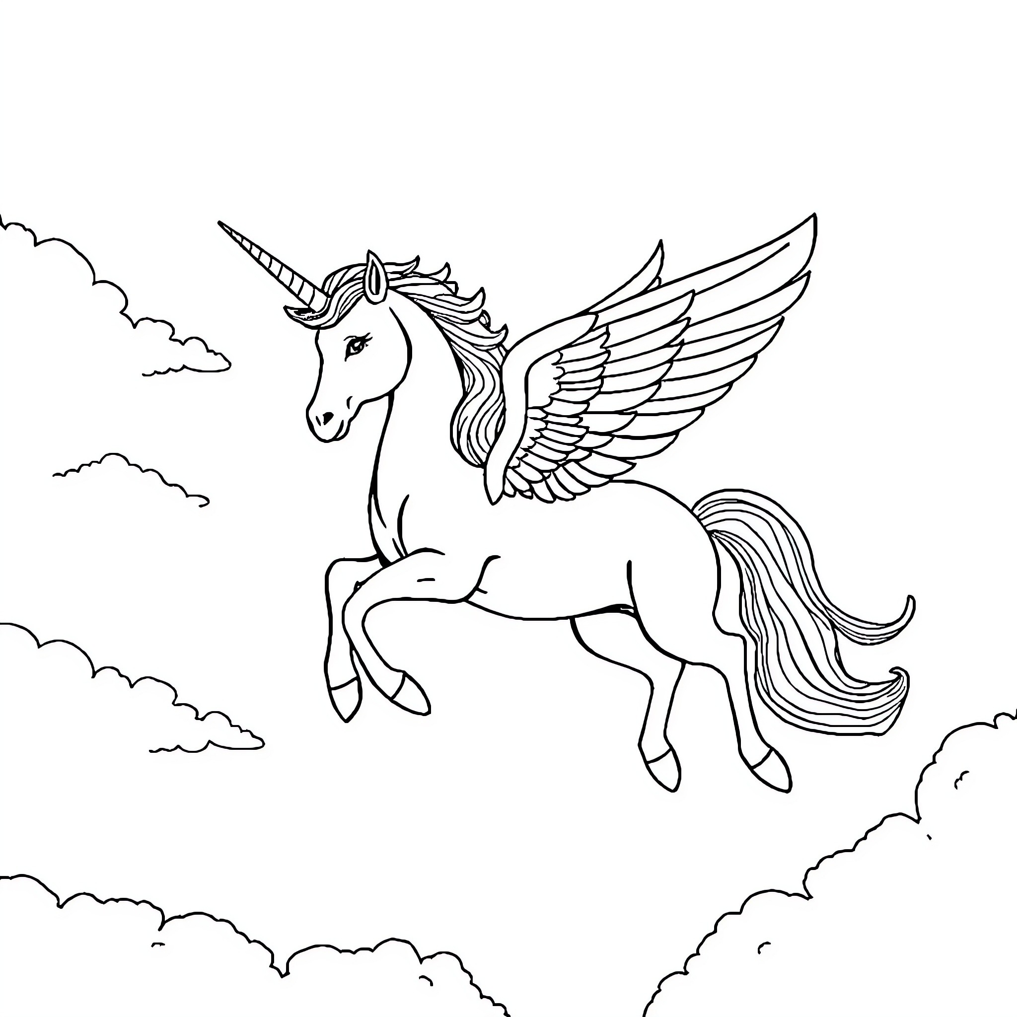 Flying Unicorn soaring through the cloudy sky Coloring Page (free black-and-white line drawing printable PDF for all, from beginners to advanced learners, including children, teens, adults, and seniors)